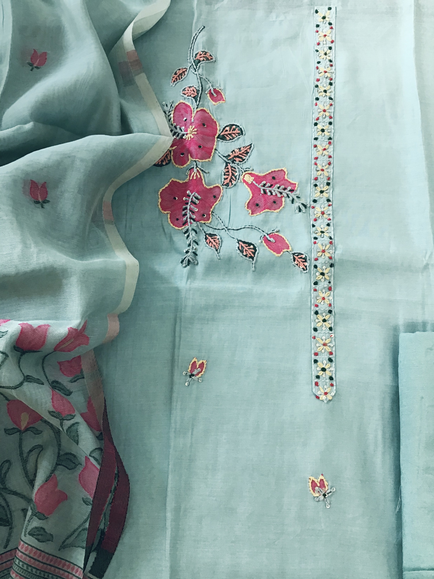 Soft Kora Chanderi Jamdani Weaved Embroidered Suit - Sea Green