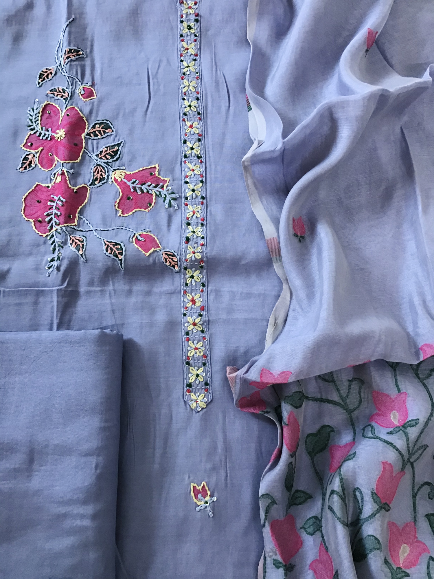 Soft Kora Chanderi Jamdani Weaved Embroidered Suit - Purple