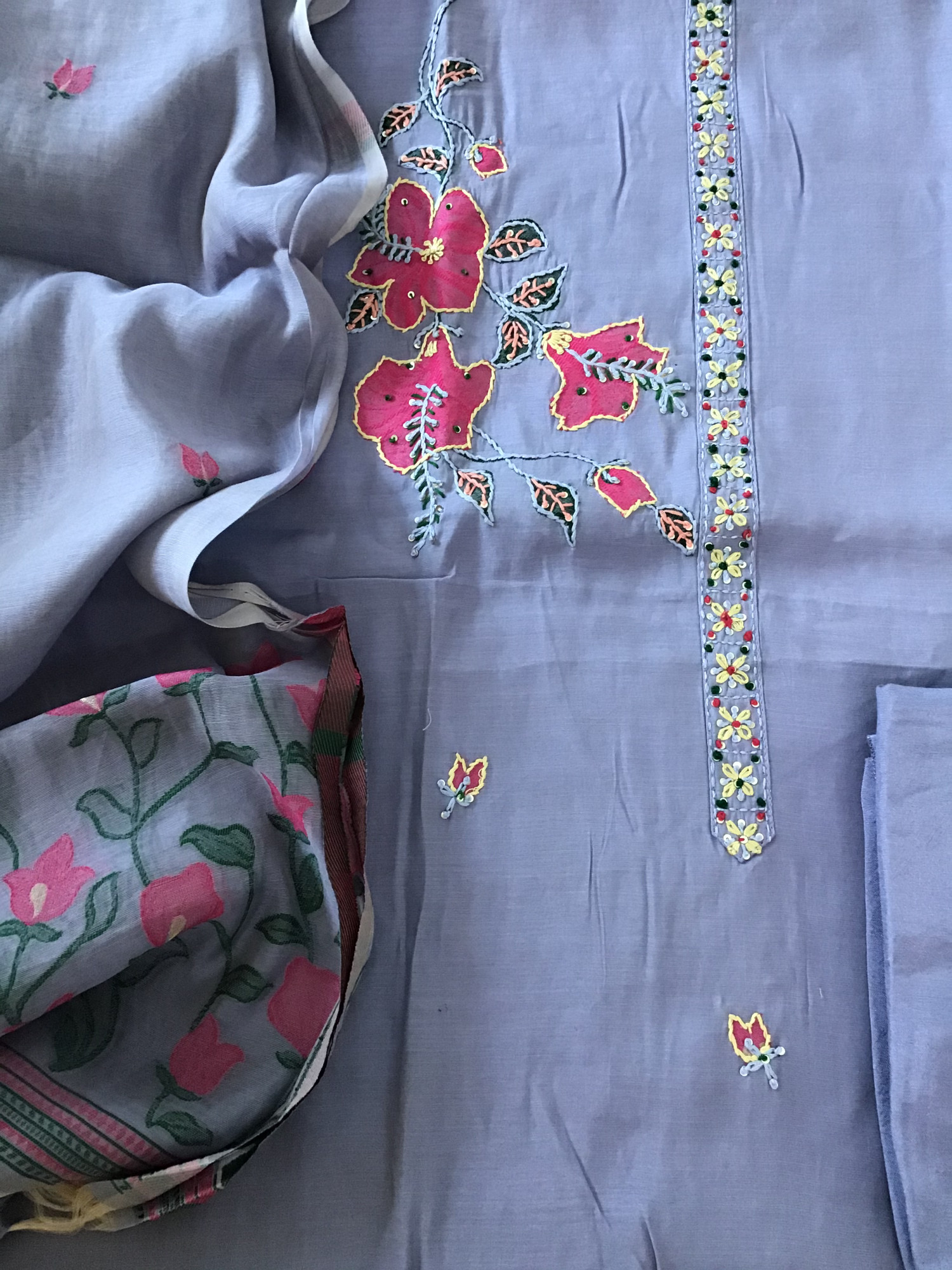 Soft Kora Chanderi Jamdani Weaved Embroidered Suit - Purple