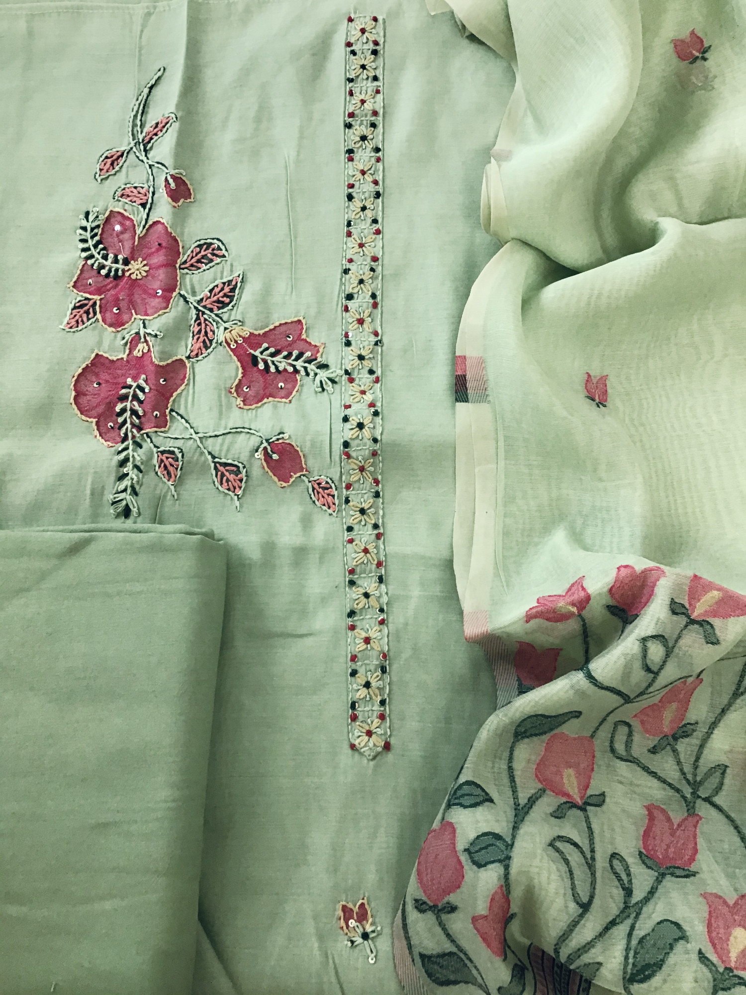 Soft Kora Chanderi Jamdani Weaved Embroidered Suit - Green