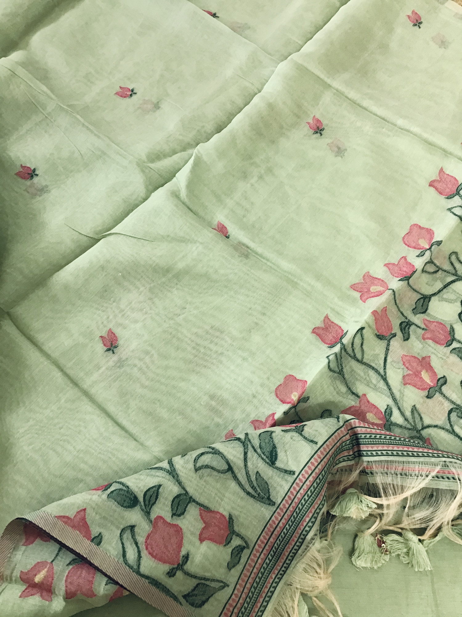 Soft Kora Chanderi Jamdani Weaved Embroidered Suit - Green