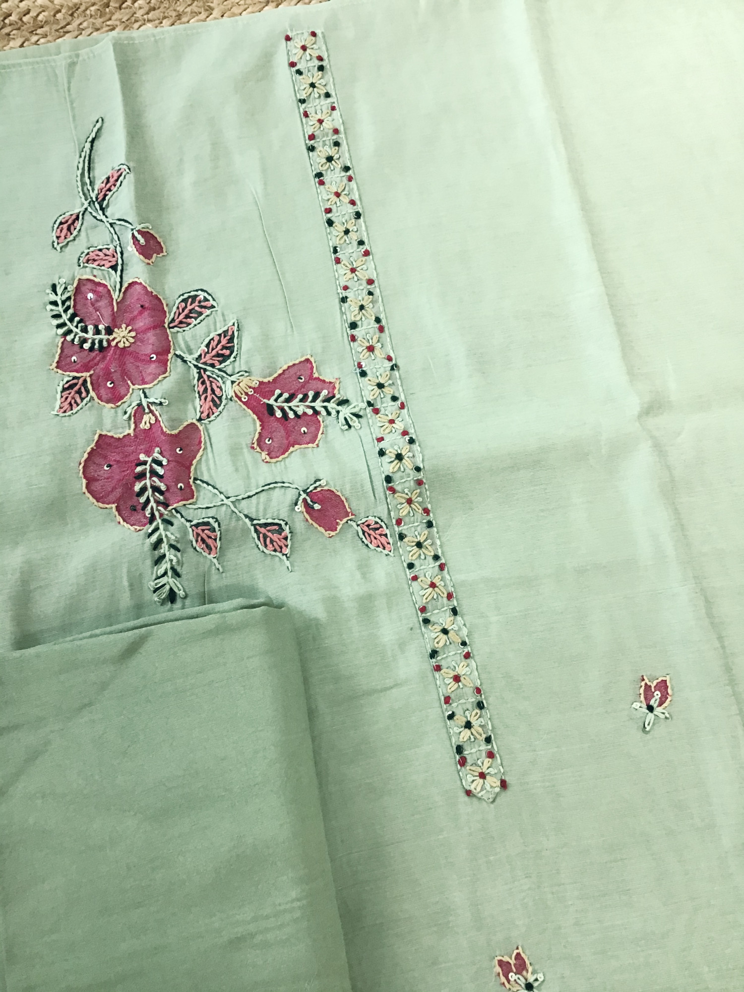 Soft Kora Chanderi Jamdani Weaved Embroidered Suit - Green