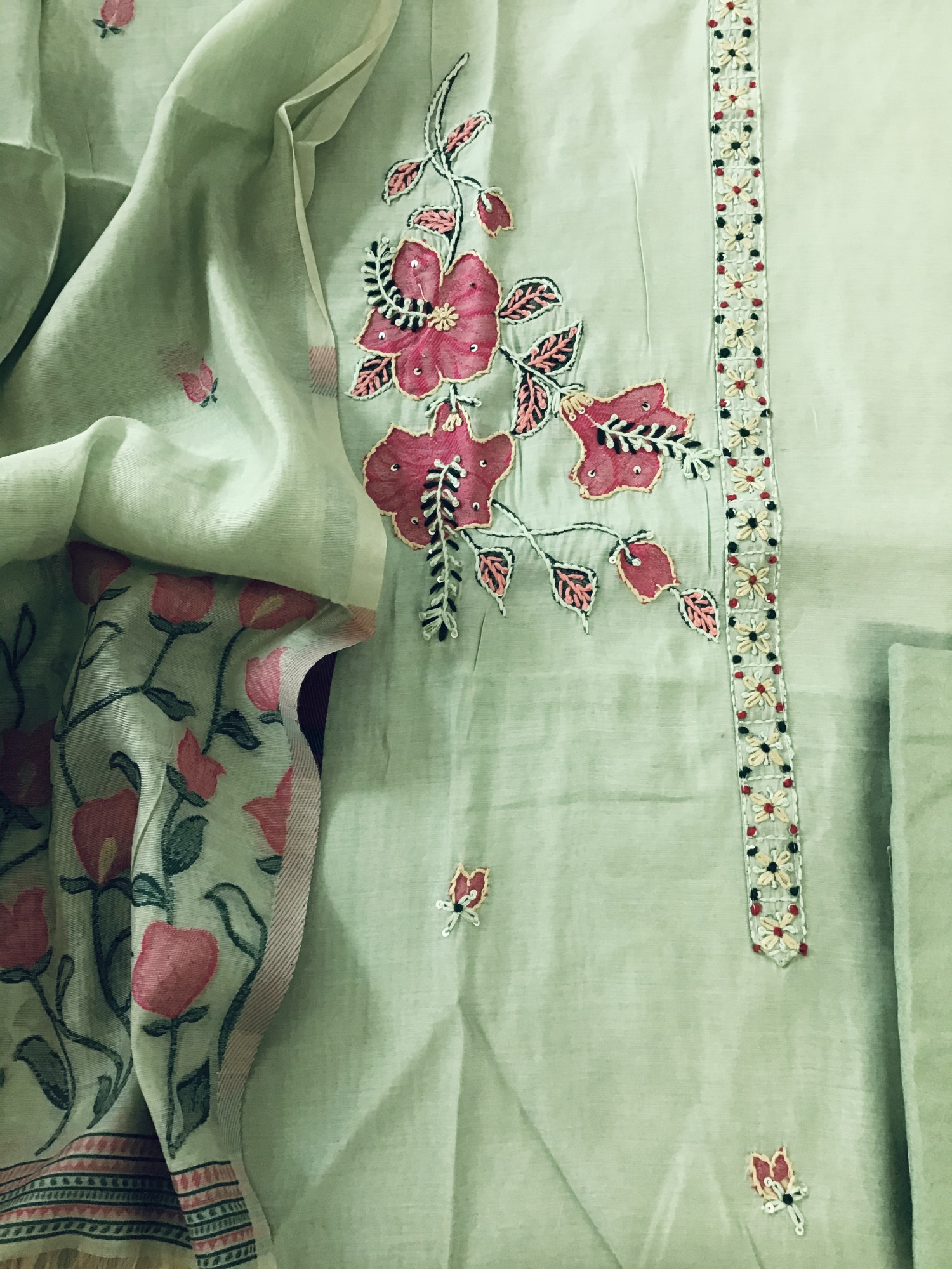 Soft Kora Chanderi Jamdani Weaved Embroidered Suit - Green