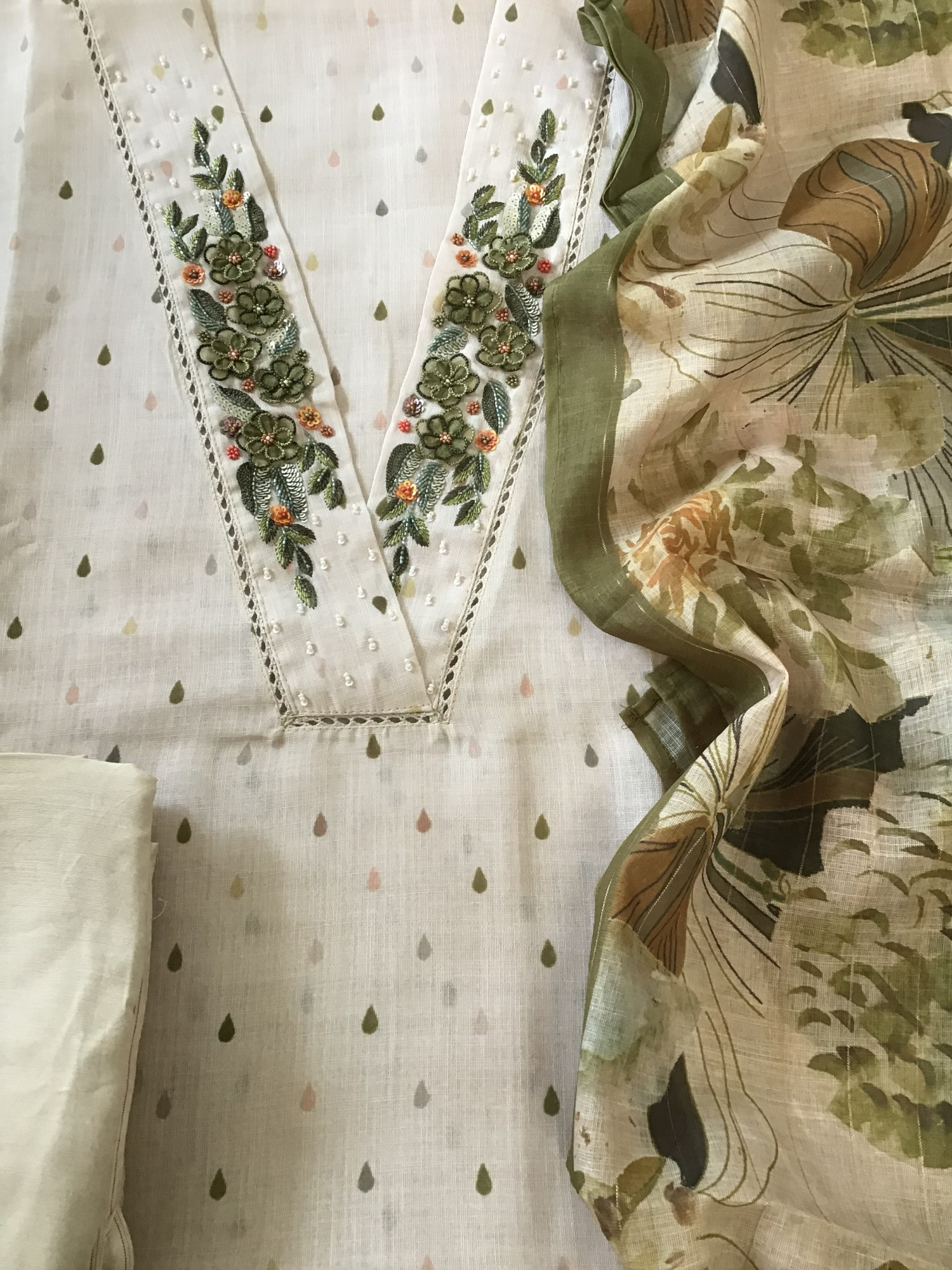 Soft Semi Linen Jute Cotton Printed Embroidered Suit - BeigeGreen