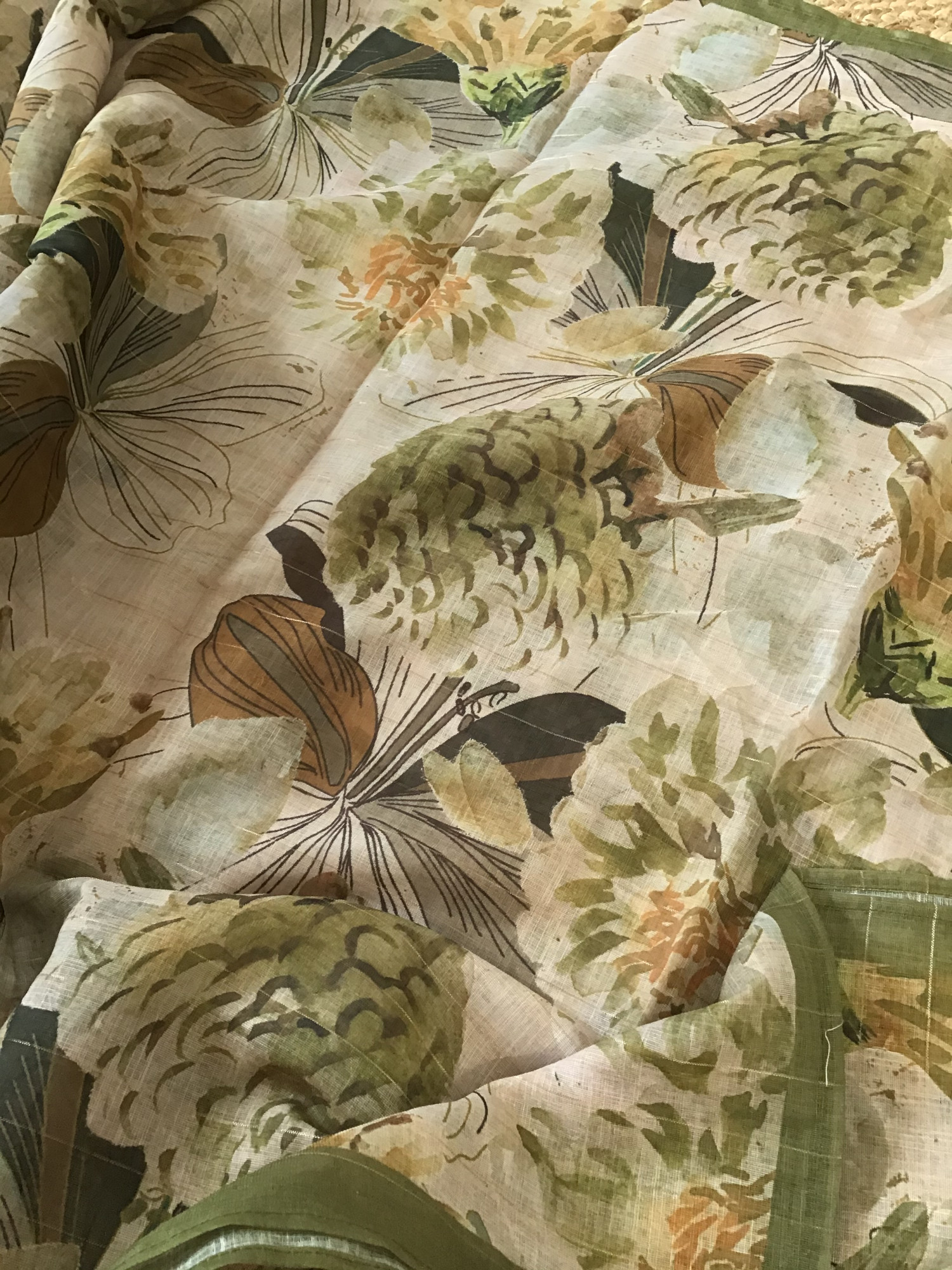 Soft Semi Linen Jute Cotton Printed Embroidered Suit - BeigeGreen