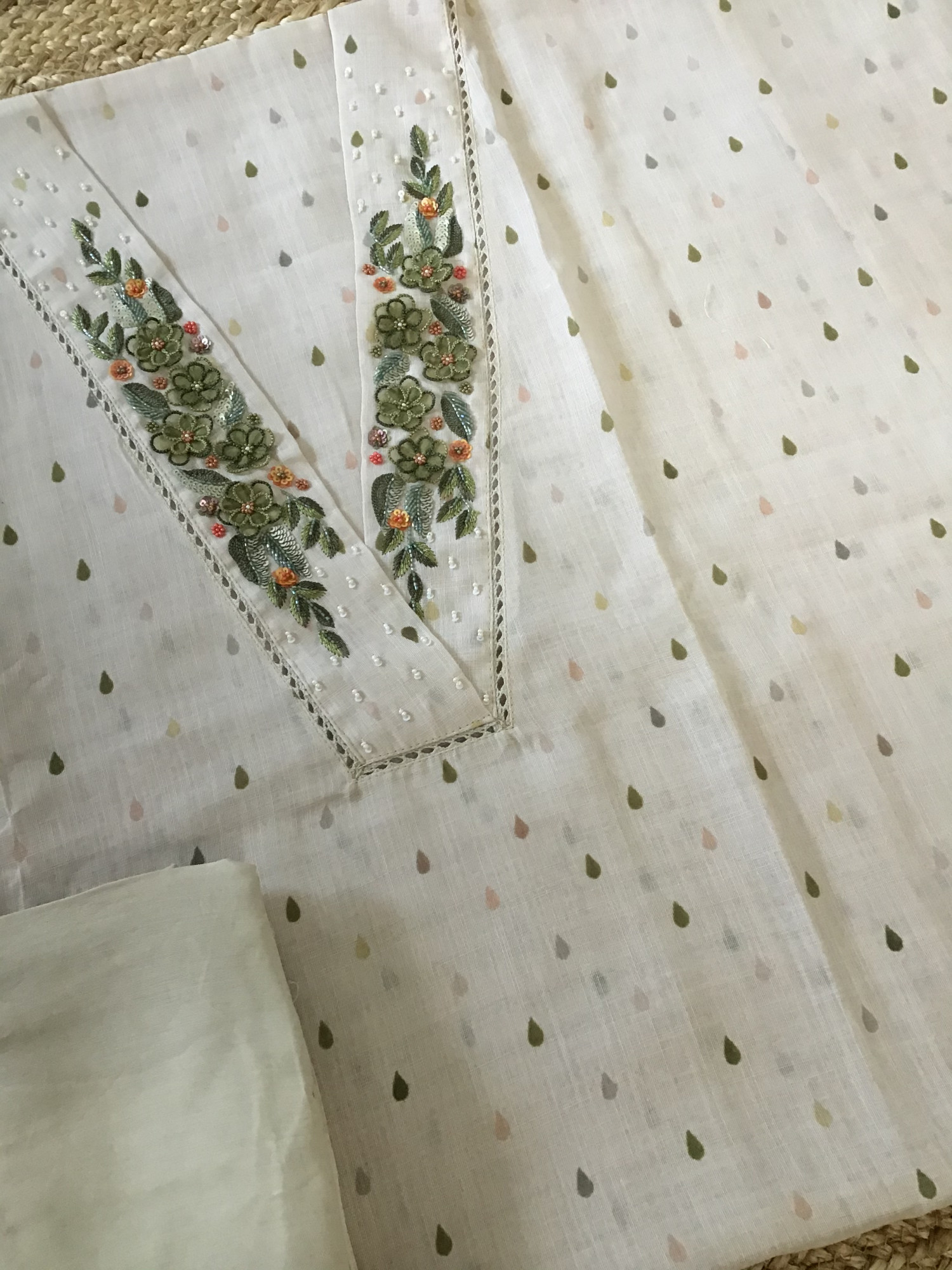 Soft Semi Linen Jute Cotton Printed Embroidered Suit - BeigeGreen