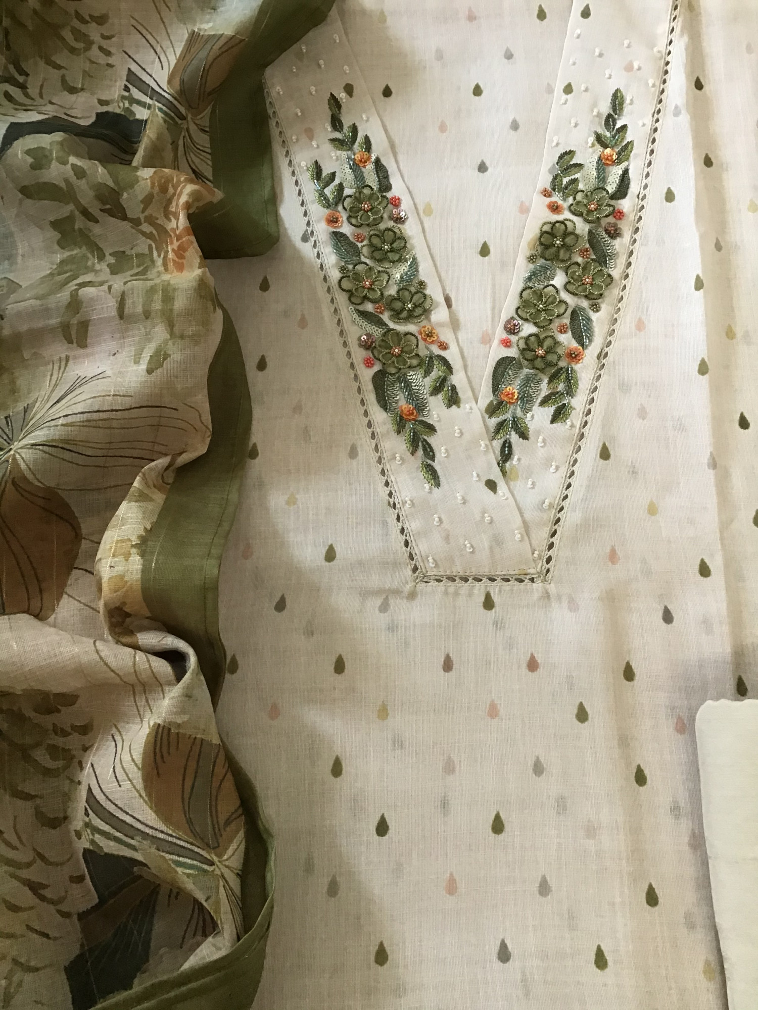 Soft Semi Linen Jute Cotton Printed Embroidered Suit - BeigeGreen