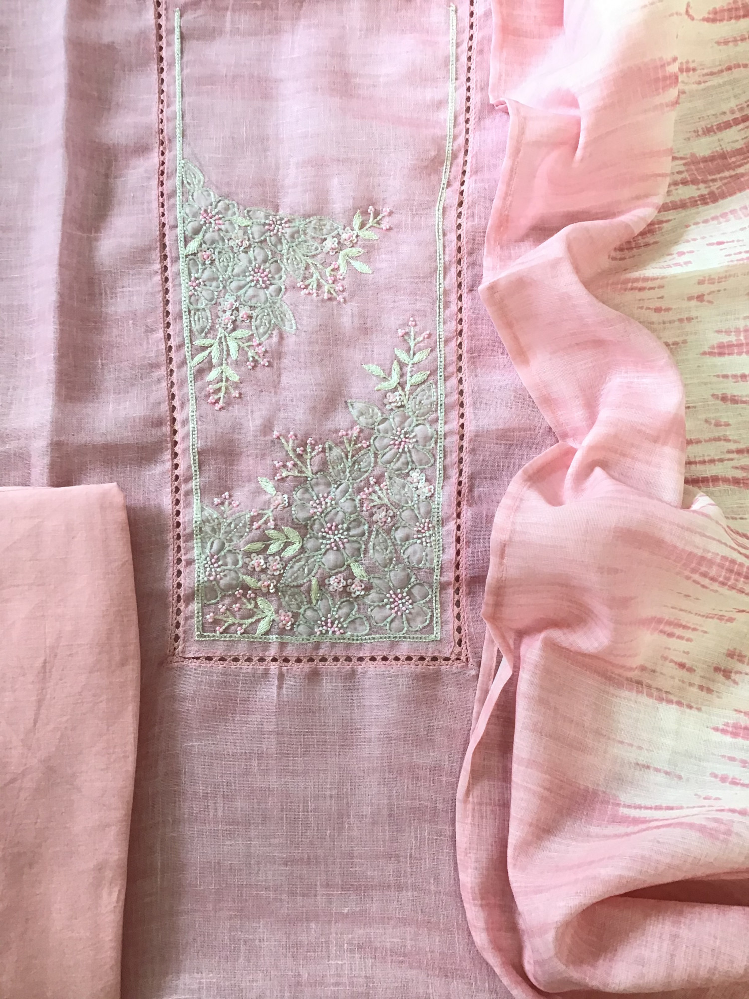 Soft Semi Linen Jute Cotton Printed Embroidered Suit - Pink