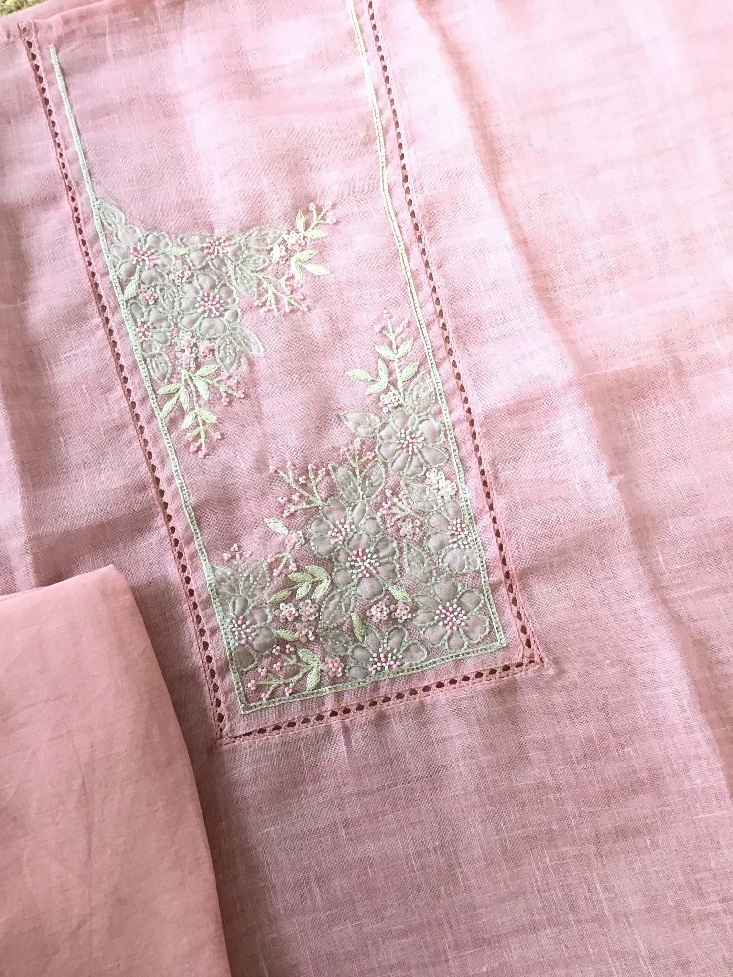 Soft Semi Linen Jute Cotton Printed Embroidered Suit - Pink