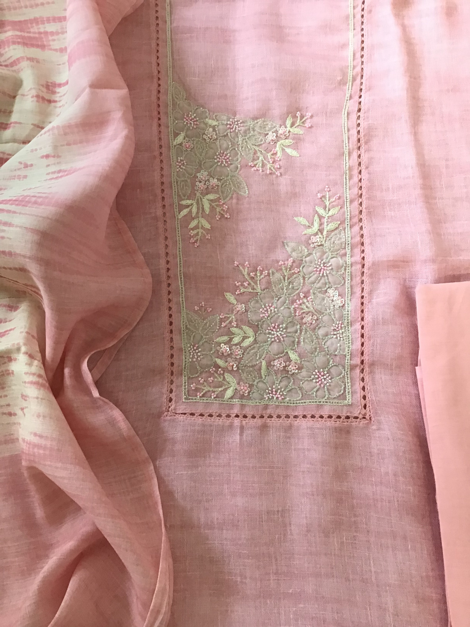 Soft Semi Linen Jute Cotton Printed Embroidered Suit - Pink