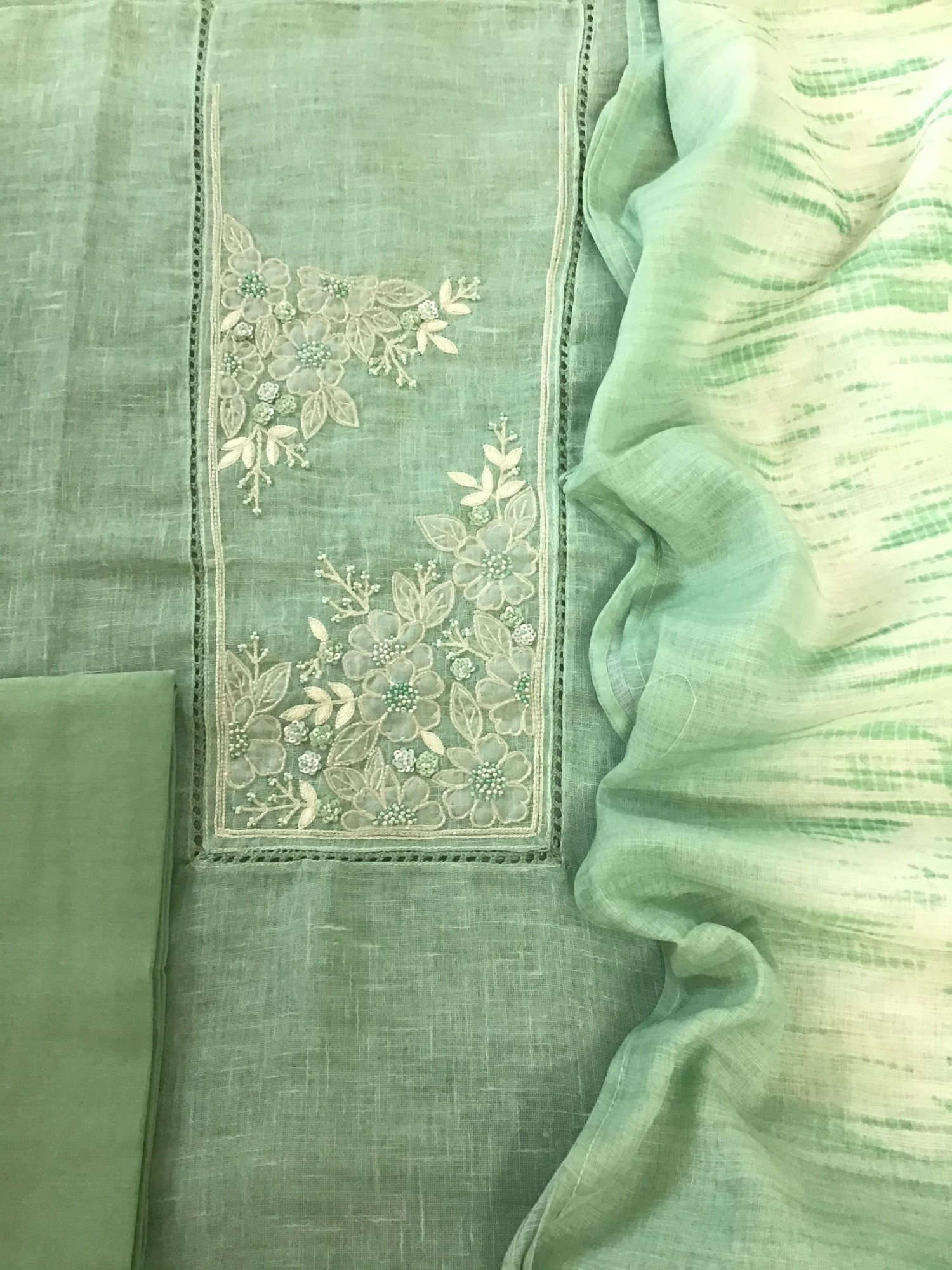 Soft Semi Linen Jute Cotton Printed Embroidered Suit - Green