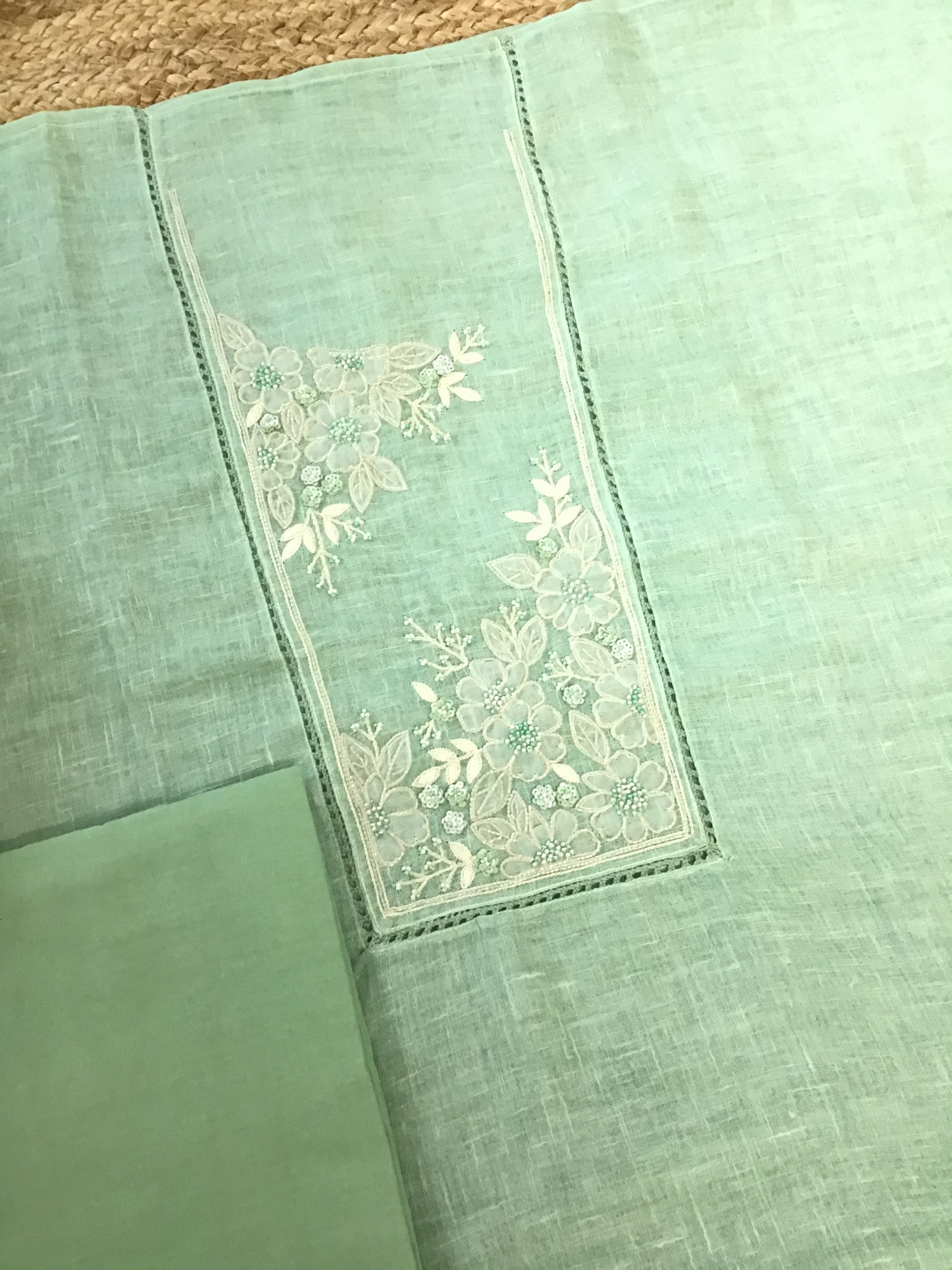 Soft Semi Linen Jute Cotton Printed Embroidered Suit - Green