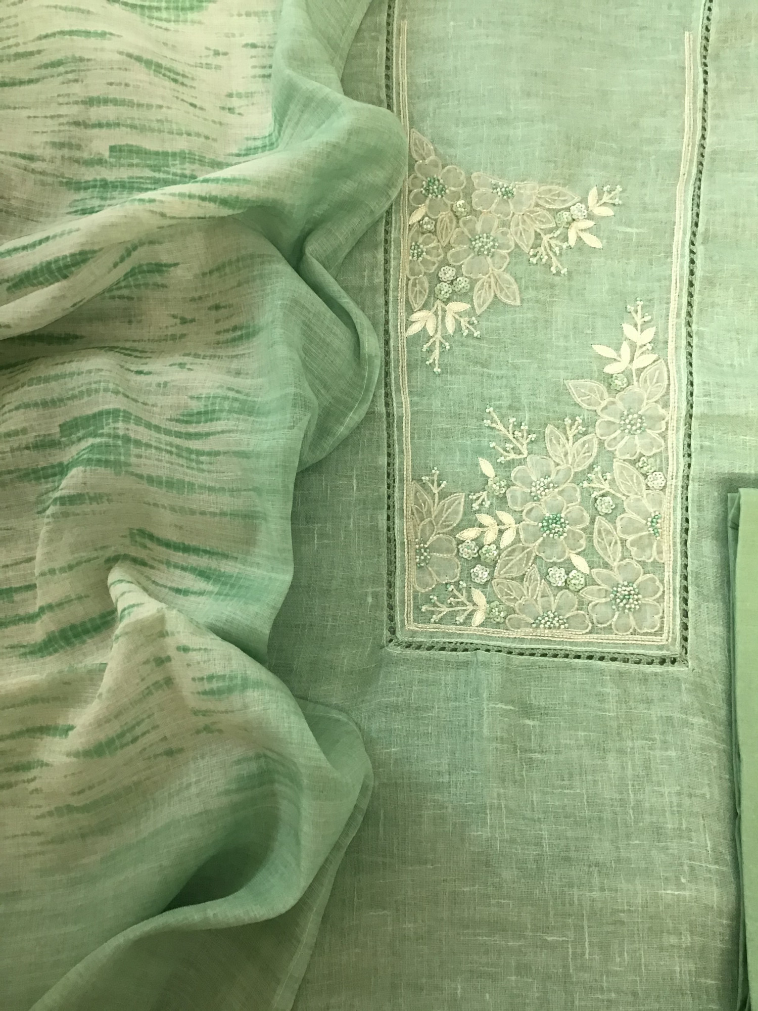 Soft Semi Linen Jute Cotton Printed Embroidered Suit - Green