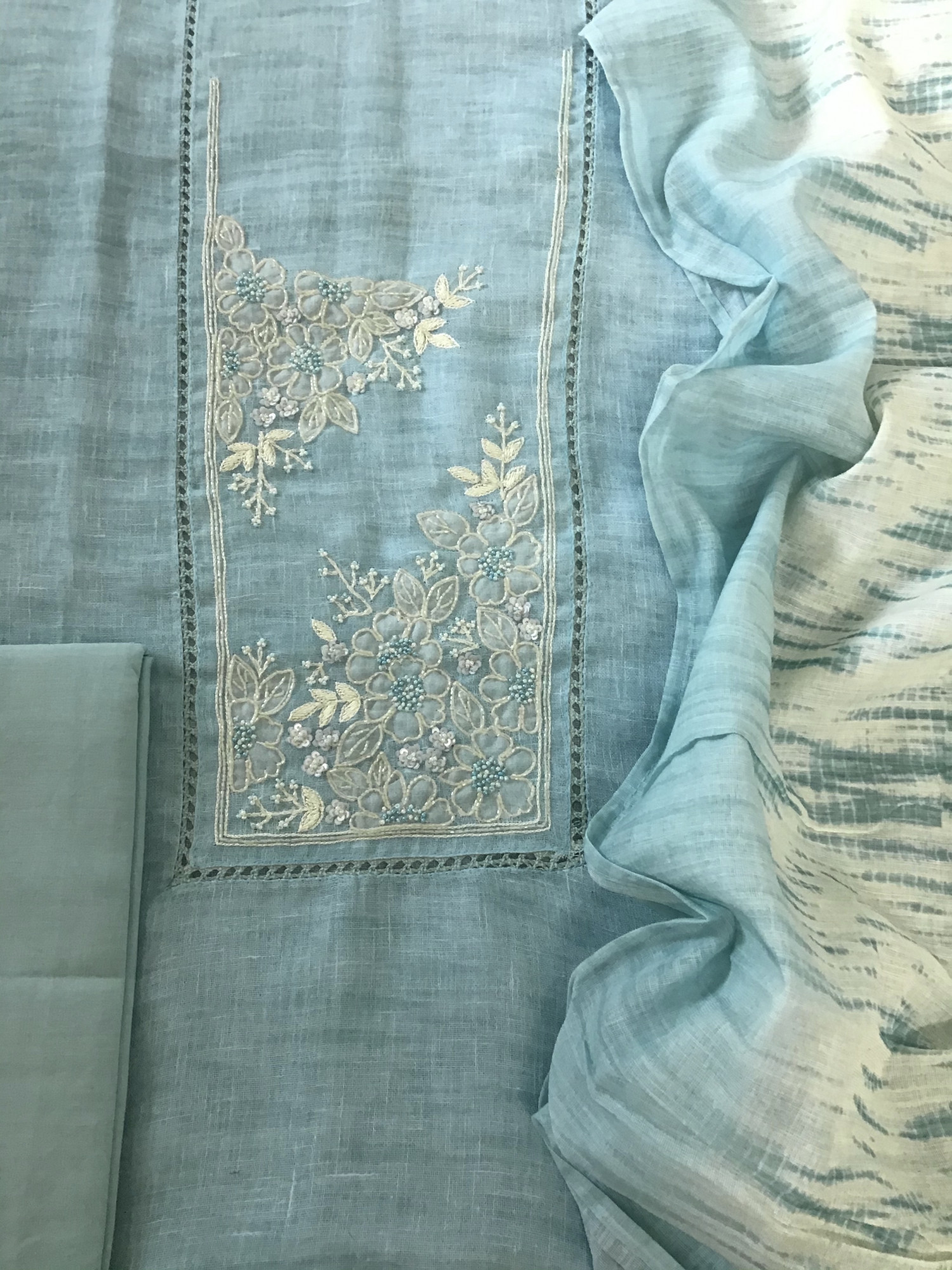 Soft Semi Linen Jute Cotton Printed Embroidered Suit - Blue