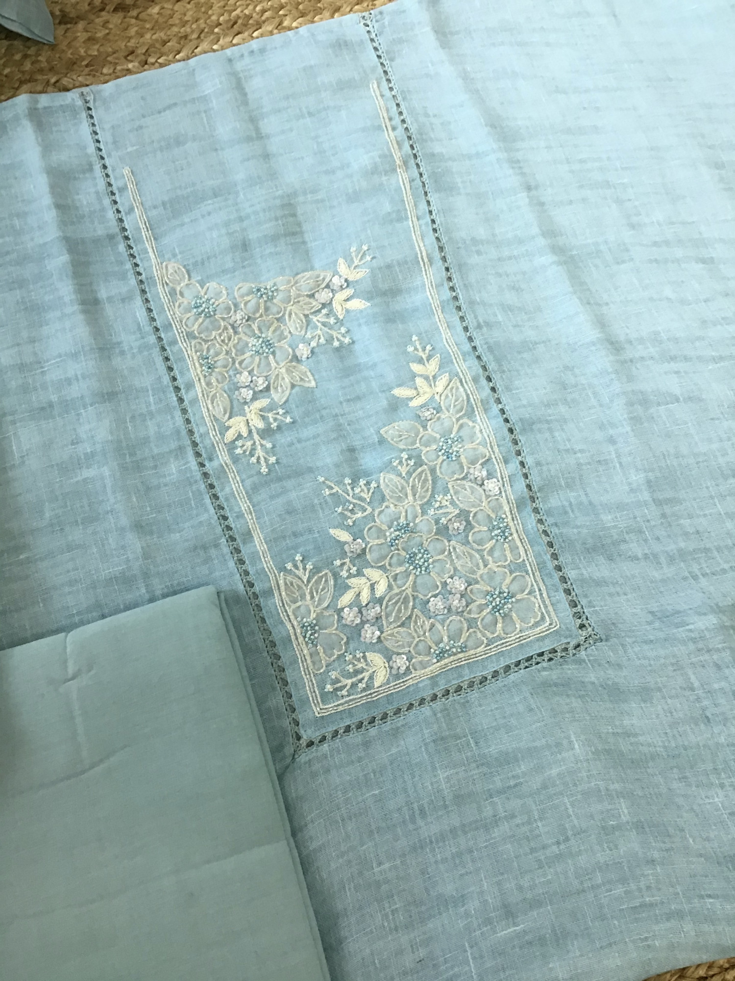 Soft Semi Linen Jute Cotton Printed Embroidered Suit - Blue
