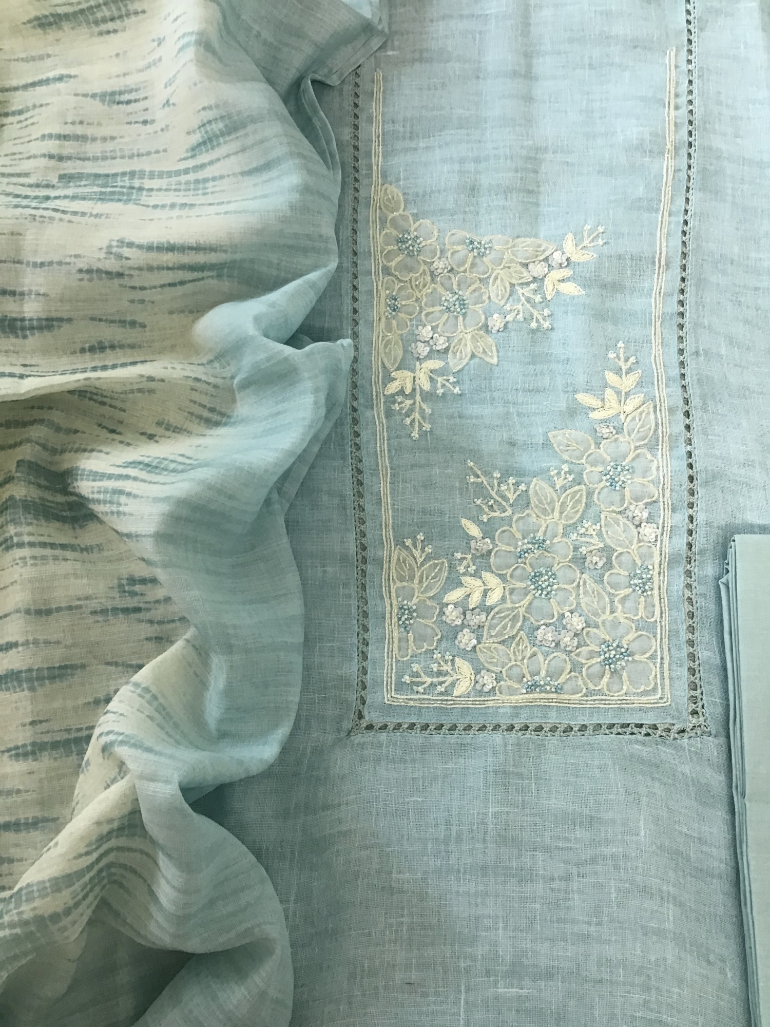 Soft Semi Linen Jute Cotton Printed Embroidered Suit - Blue