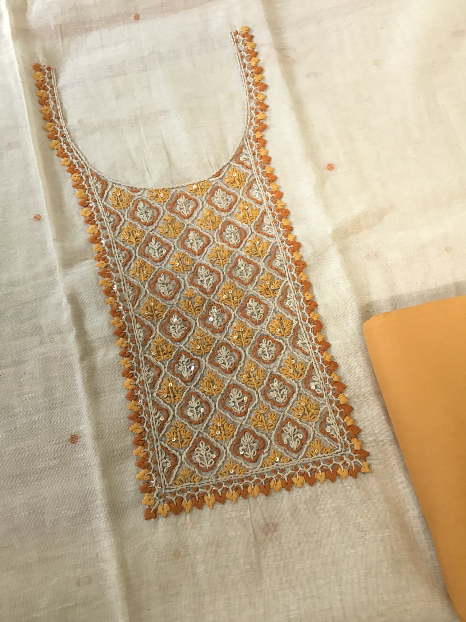 Soft Slub Chanderi Jamdani Weaved Embroidered Suit - Yellow