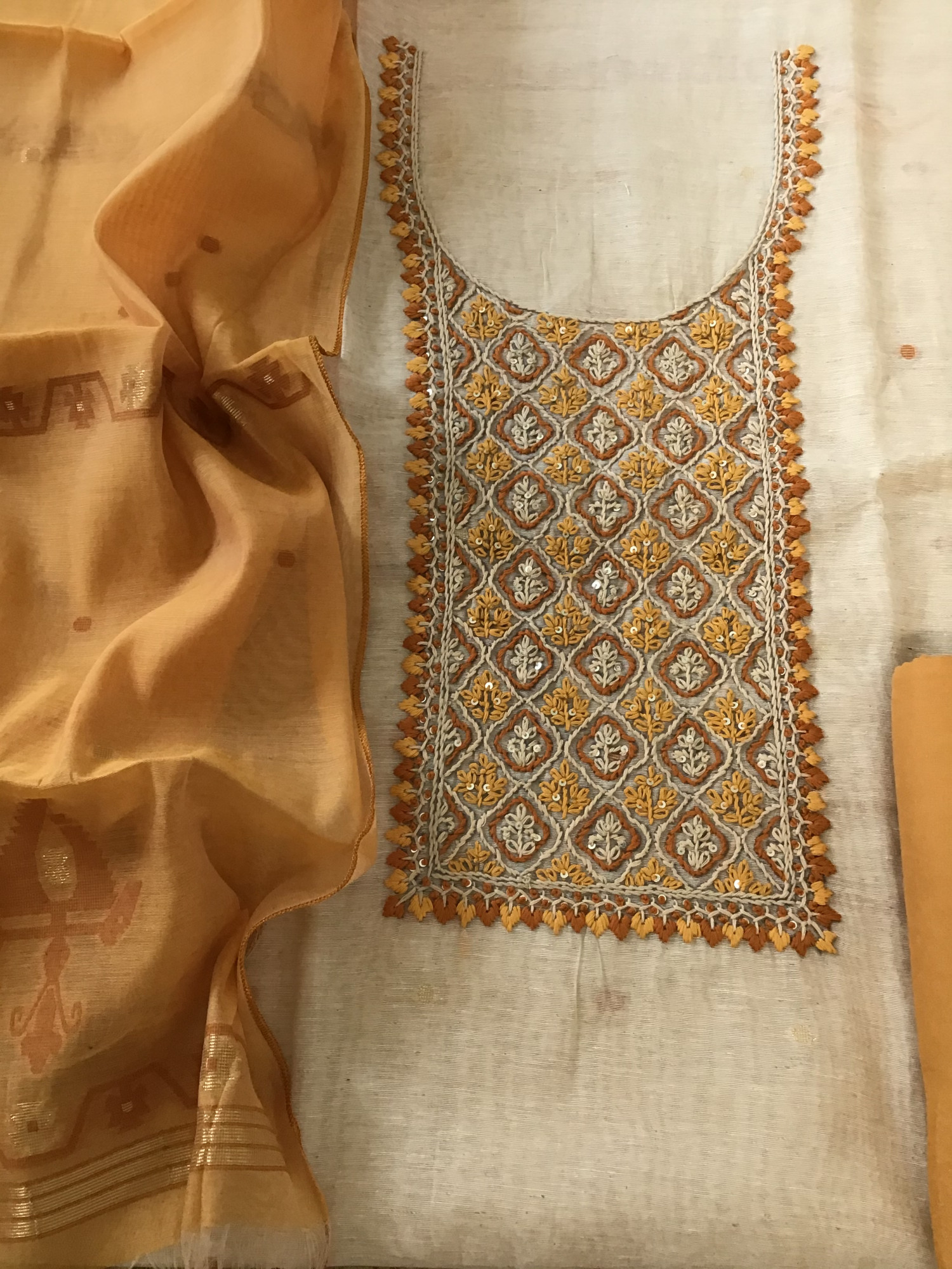 Soft Slub Chanderi Jamdani Weaved Embroidered Suit - Yellow