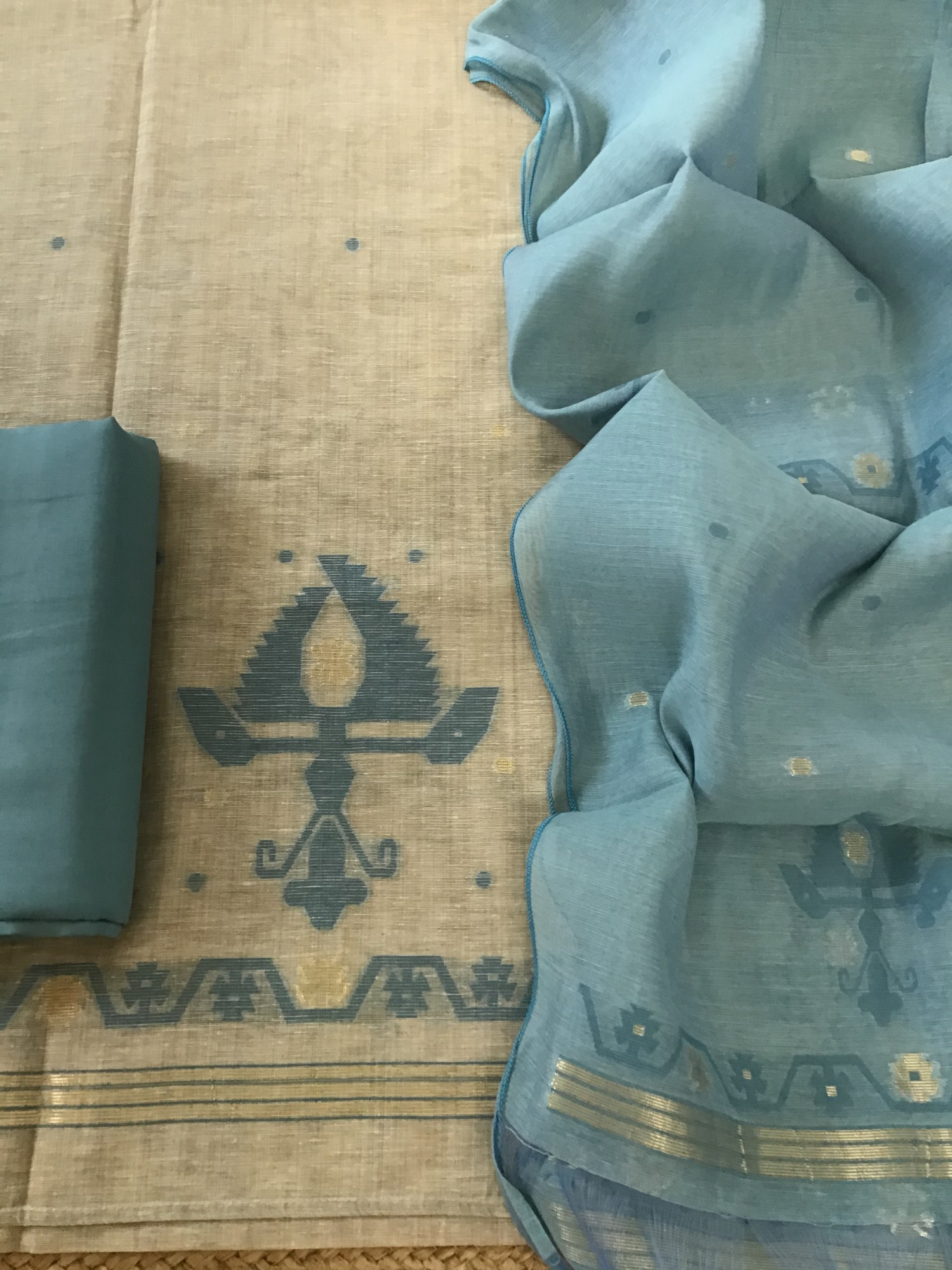 Soft Slub Chanderi Jamdani Weaved Embroidered Suit - Blue