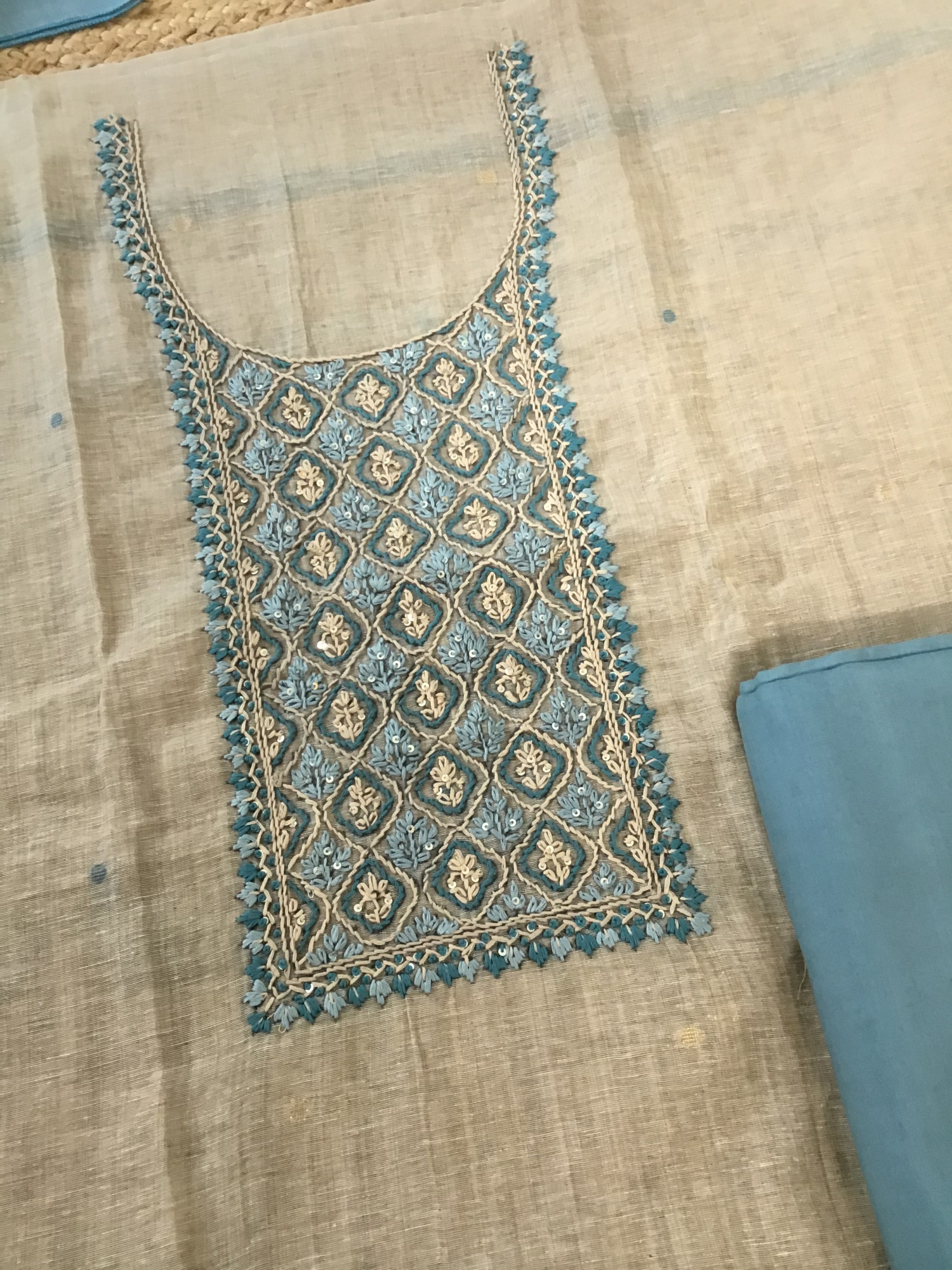 Soft Slub Chanderi Jamdani Weaved Embroidered Suit - Blue