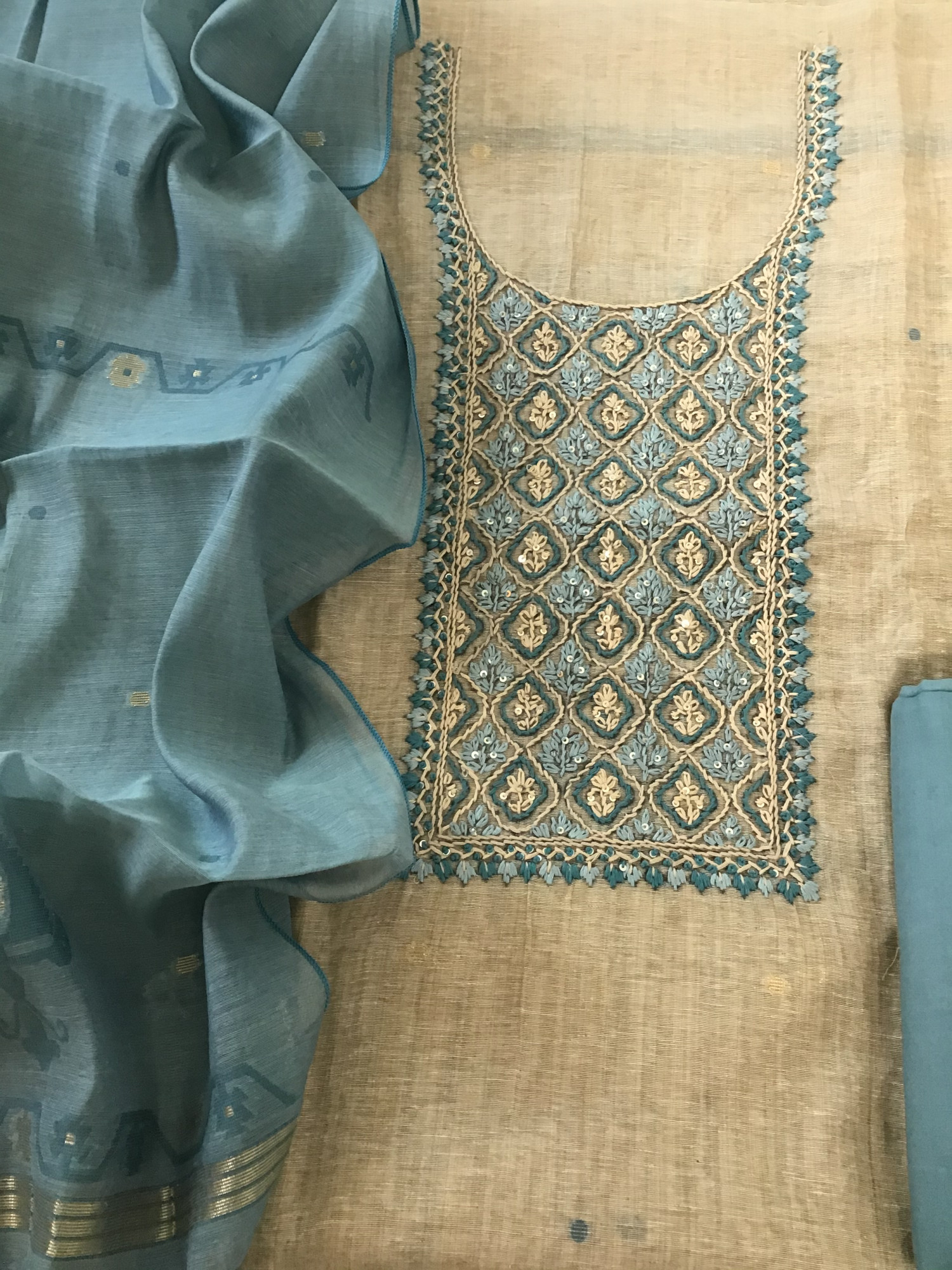 Soft Slub Chanderi Jamdani Weaved Embroidered Suit - Blue