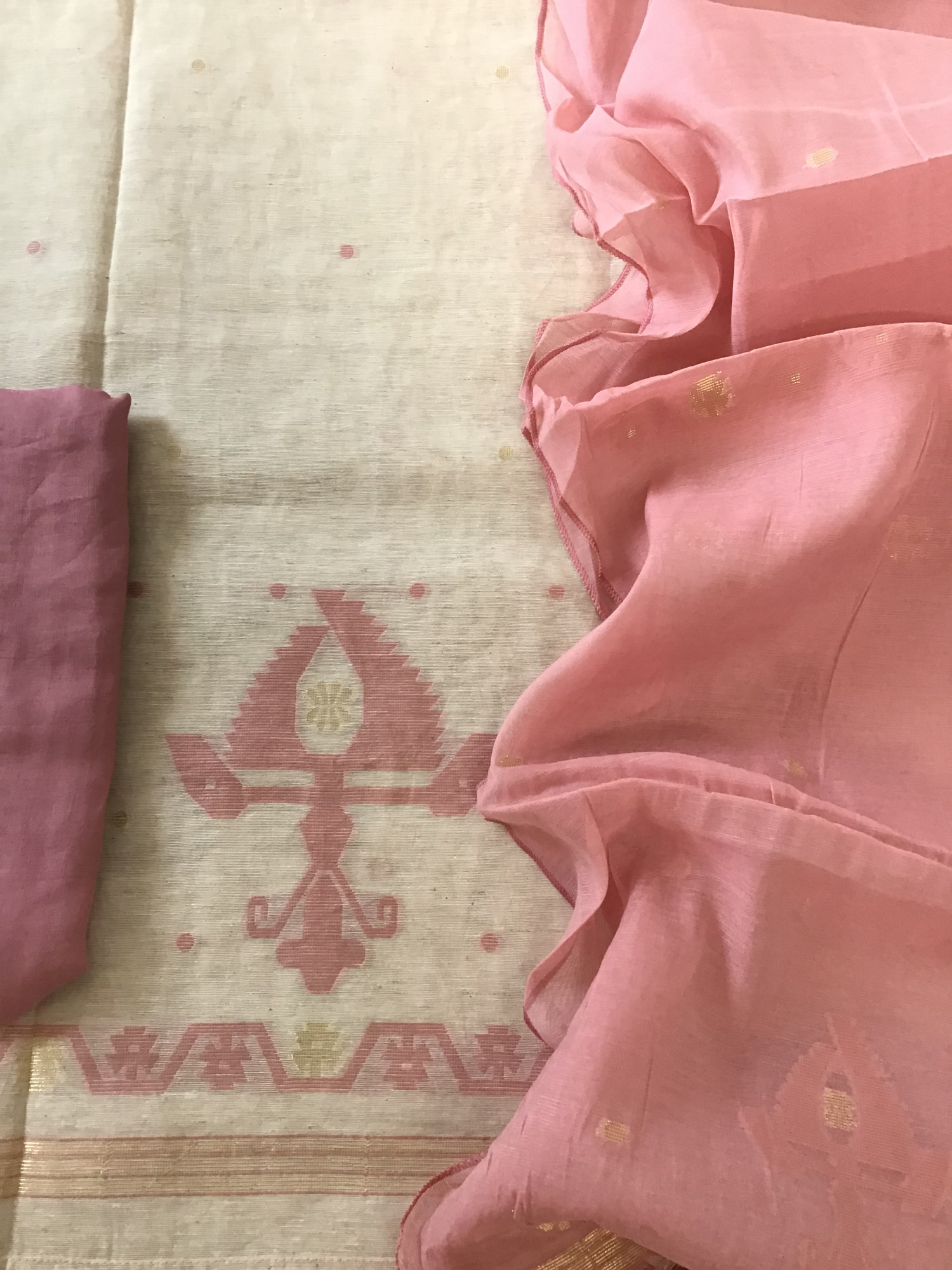 Soft Slub Chanderi Jamdani Weaved Embroidered Suit - Pink