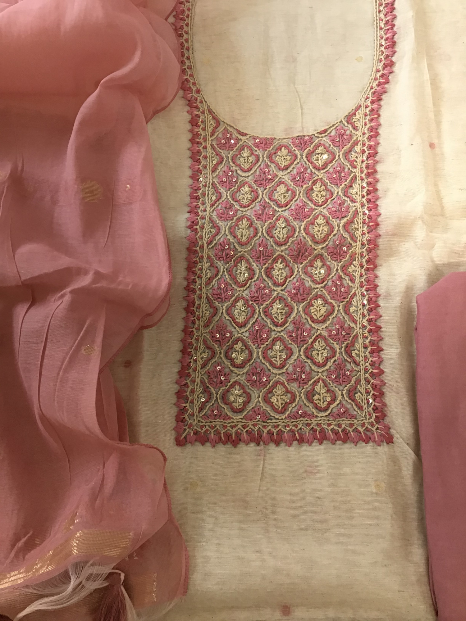 Soft Slub Chanderi Jamdani Weaved Embroidered Suit - Pink