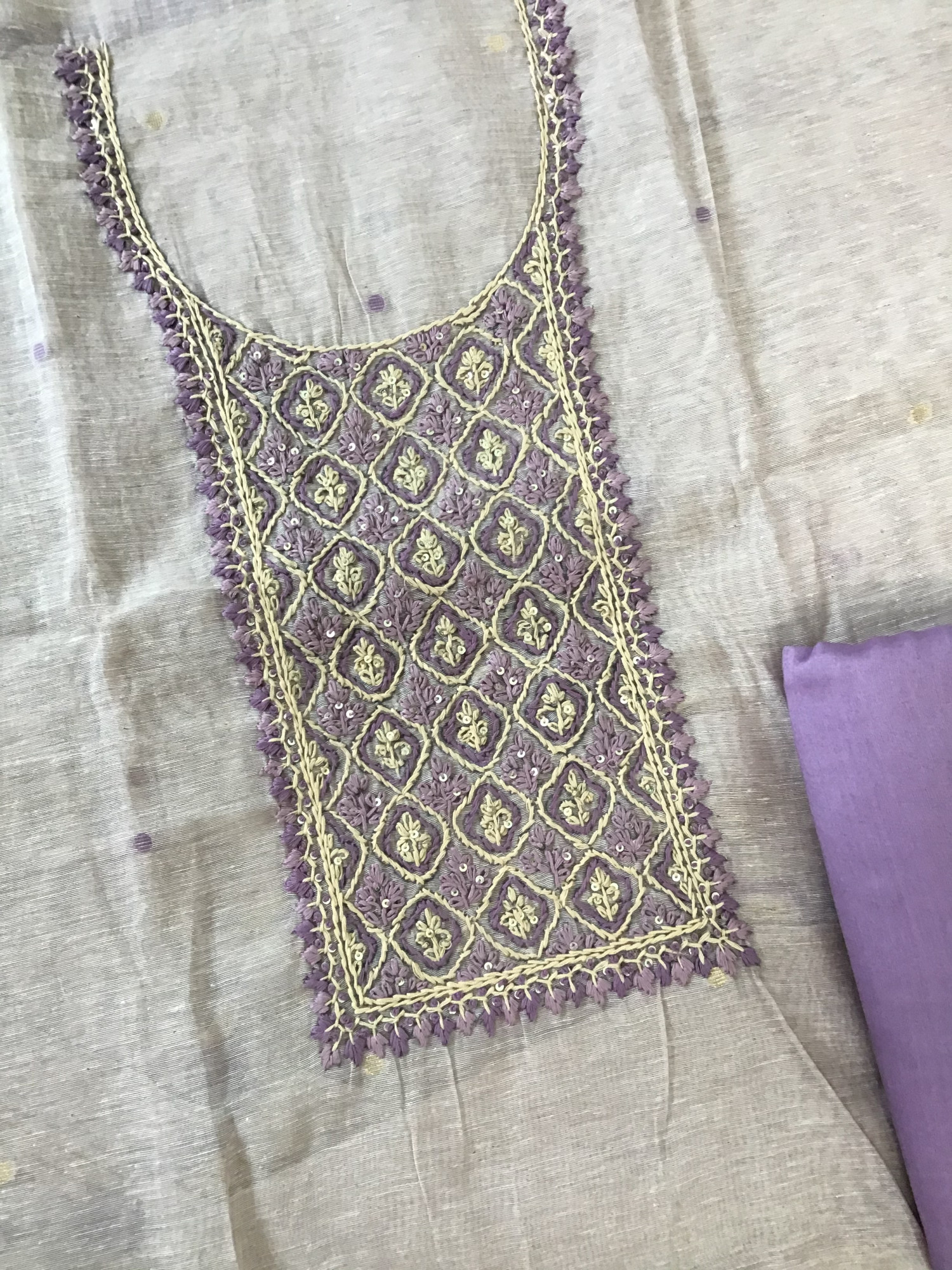 Soft Slub Chanderi Jamdani Weaved Embroidered Suit - Purple