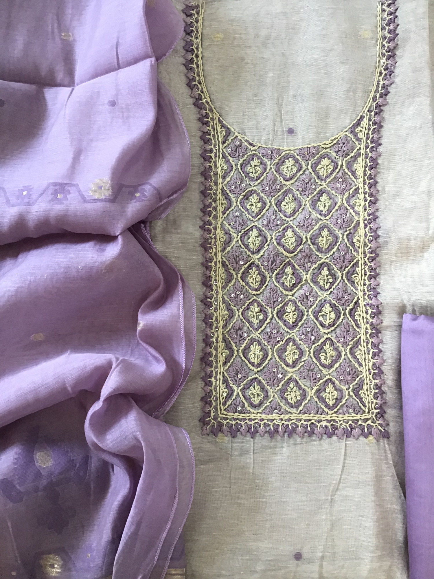 Soft Slub Chanderi Jamdani Weaved Embroidered Suit - Purple