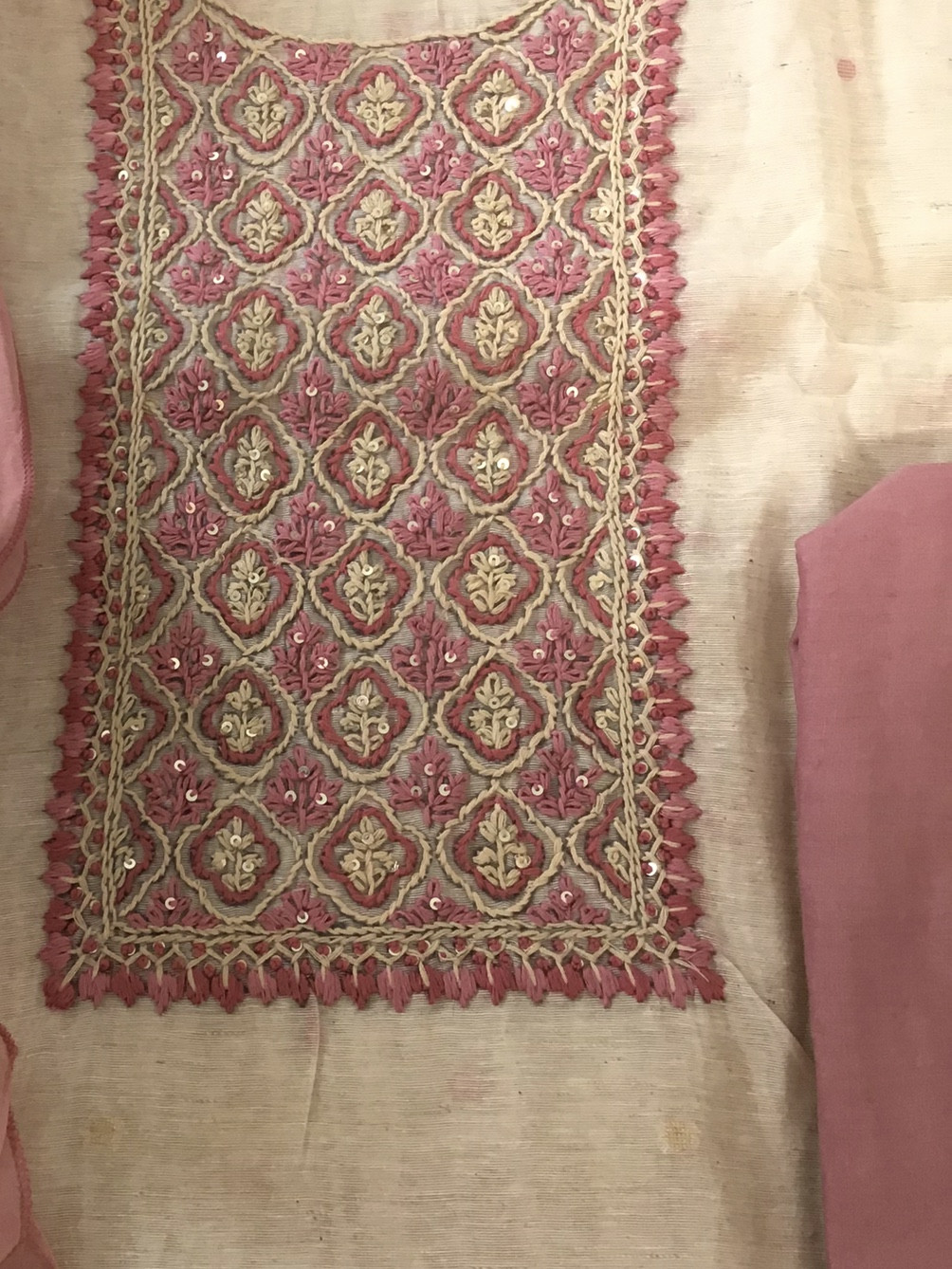 Soft Slub Chanderi Jamdani Weaved Embroidered Suit - Pink