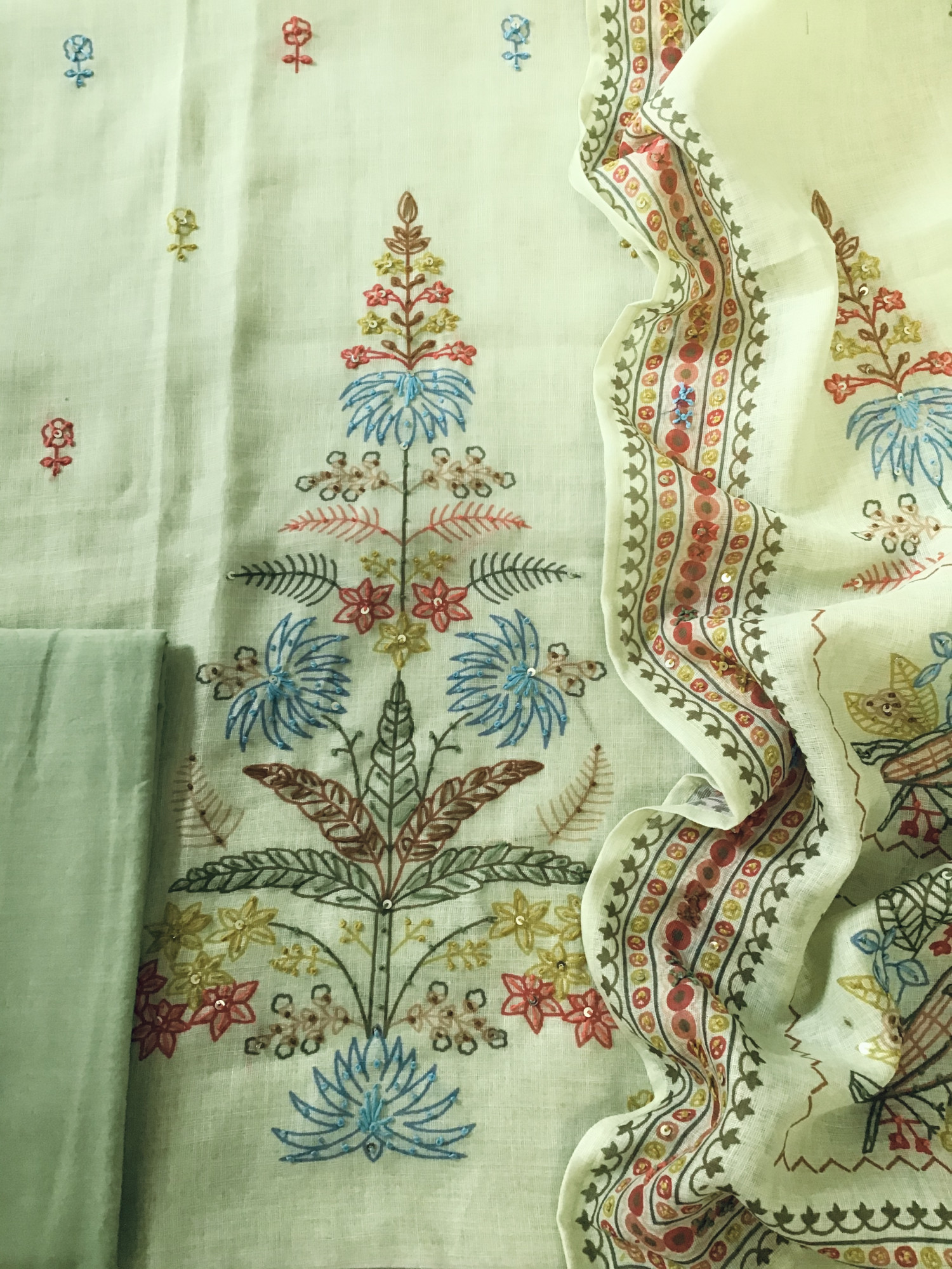 Soft Semi Linen Jute Cotton Printed Embroidered Suit - Green