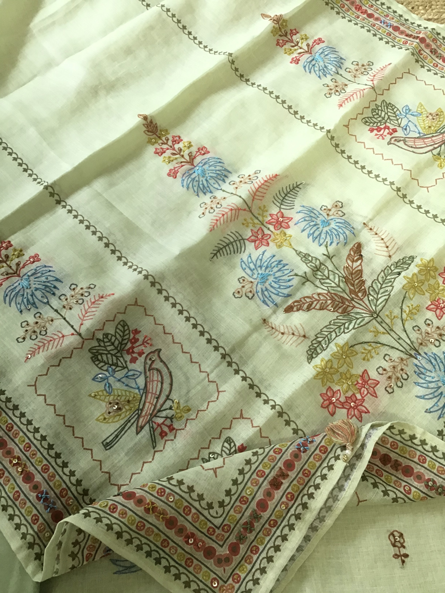 Soft Semi Linen Jute Cotton Printed Embroidered Suit - Green