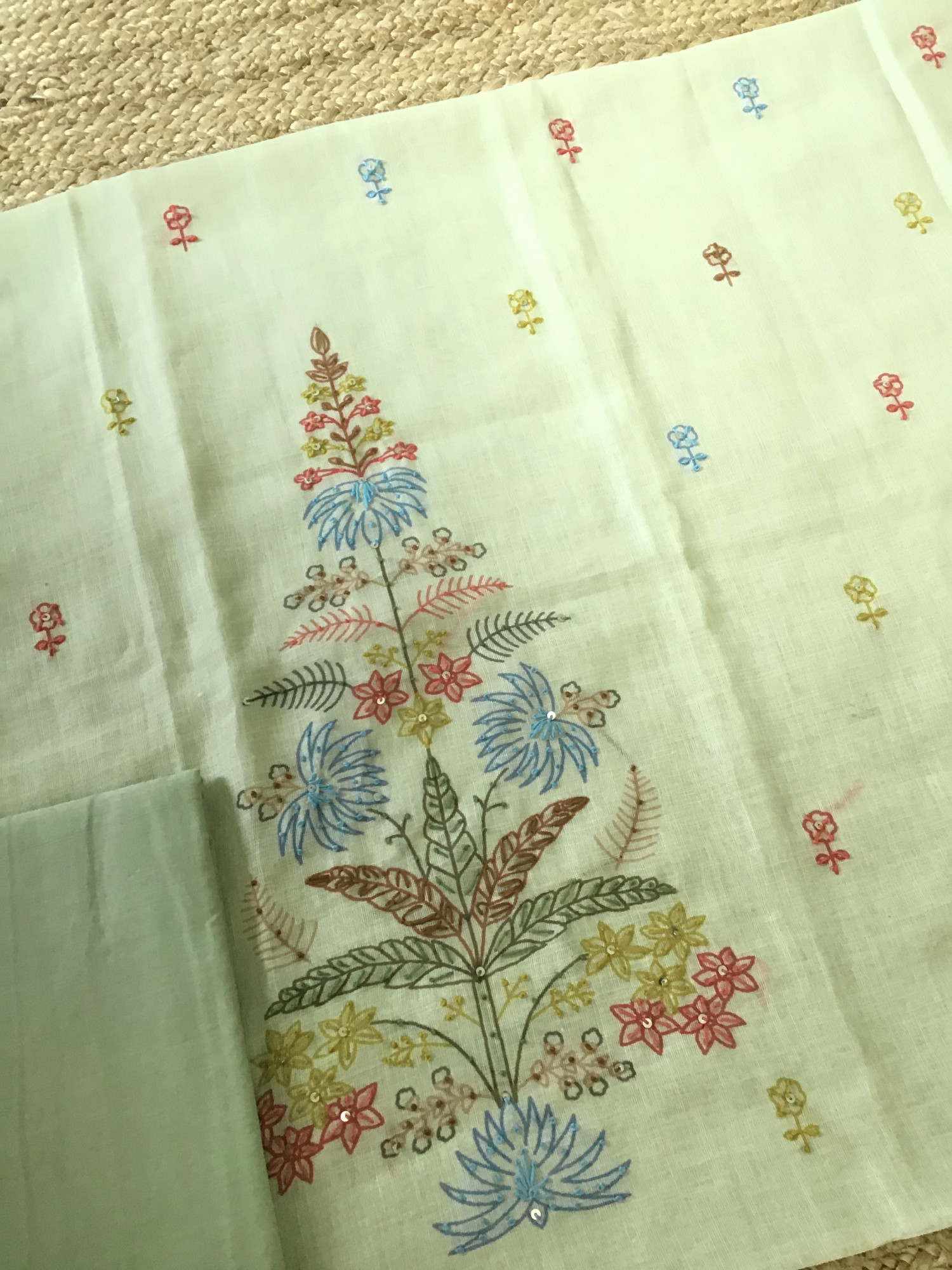 Soft Semi Linen Jute Cotton Printed Embroidered Suit - Green