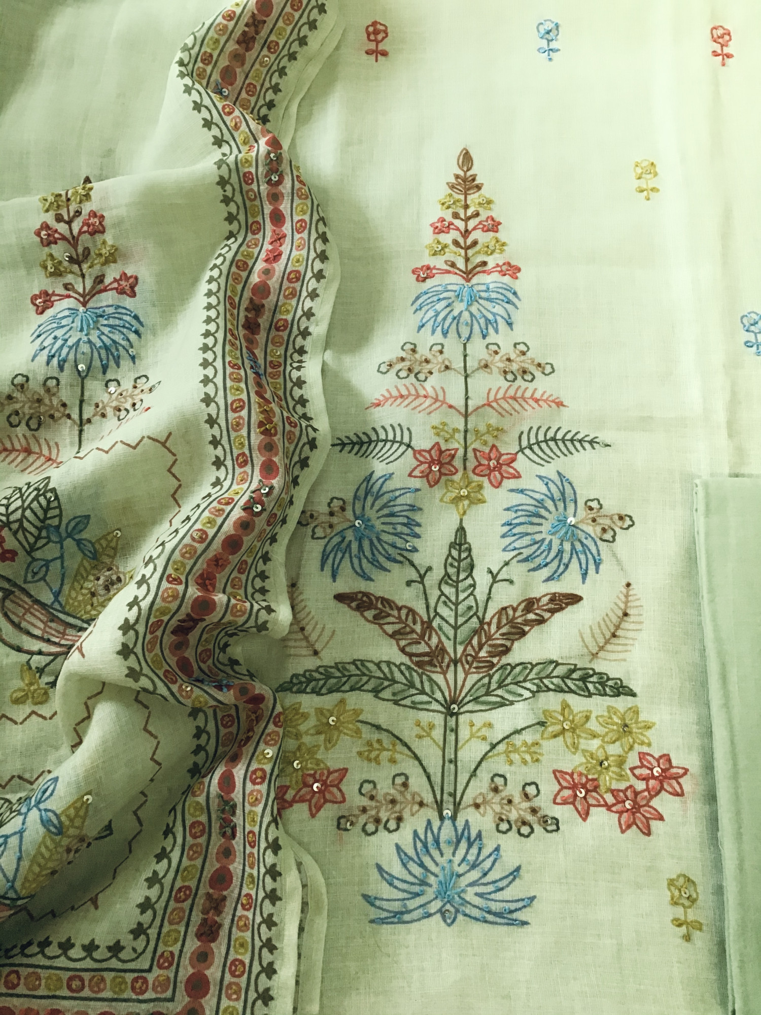 Soft Semi Linen Jute Cotton Printed Embroidered Suit - Green