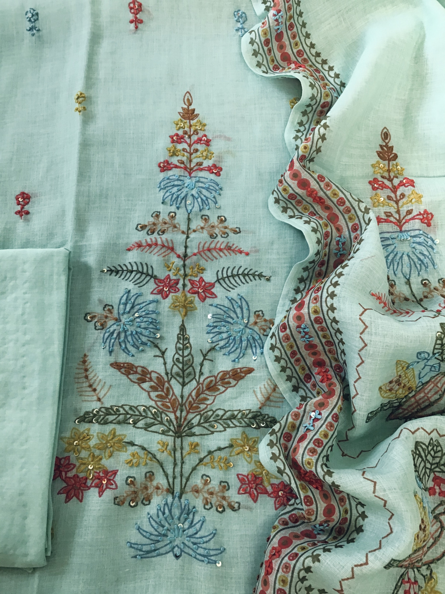 Soft Semi Linen Jute Cotton Printed Embroidered Suit - Blue