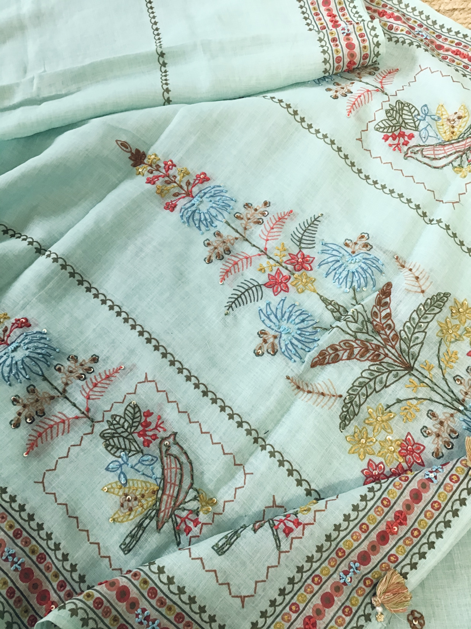 Soft Semi Linen Jute Cotton Printed Embroidered Suit - Blue