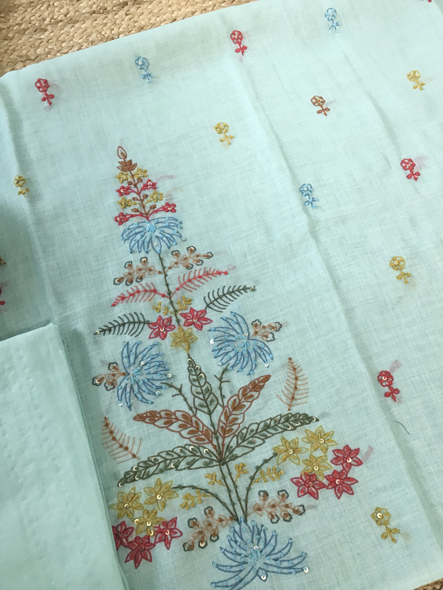 Soft Semi Linen Jute Cotton Printed Embroidered Suit - Blue