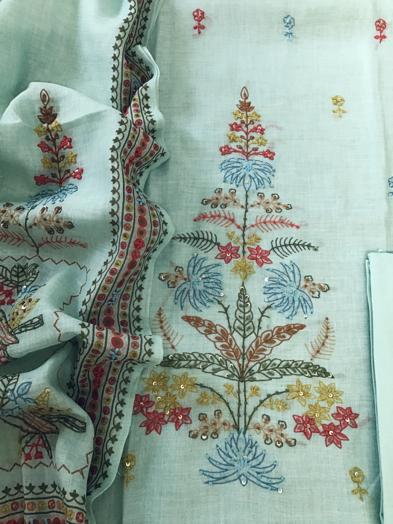 Soft Semi Linen Jute Cotton Printed Embroidered Suit - Blue