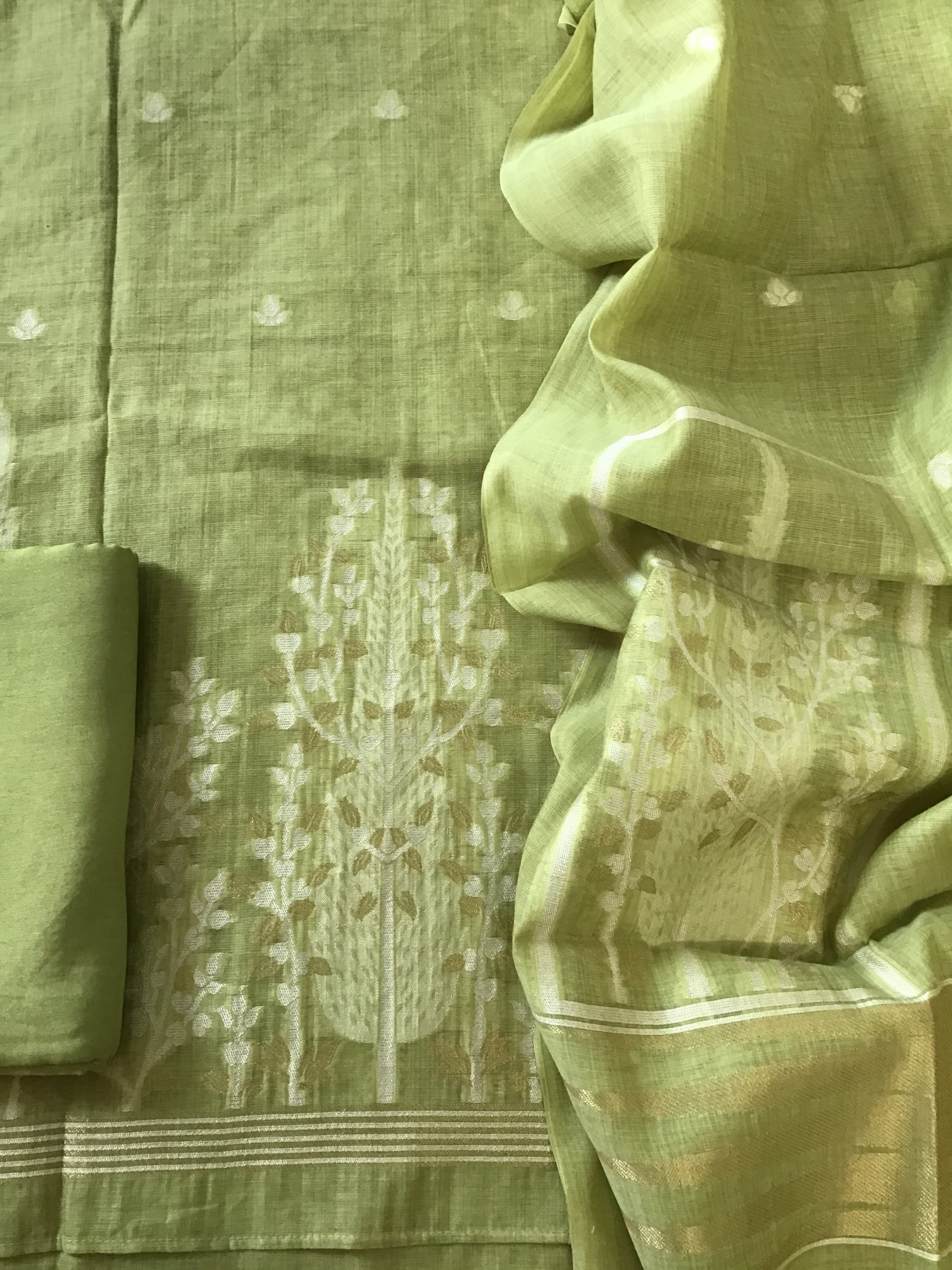 Soft Slub Chanderi Jamdani Weaved Embroidered Suit - Green