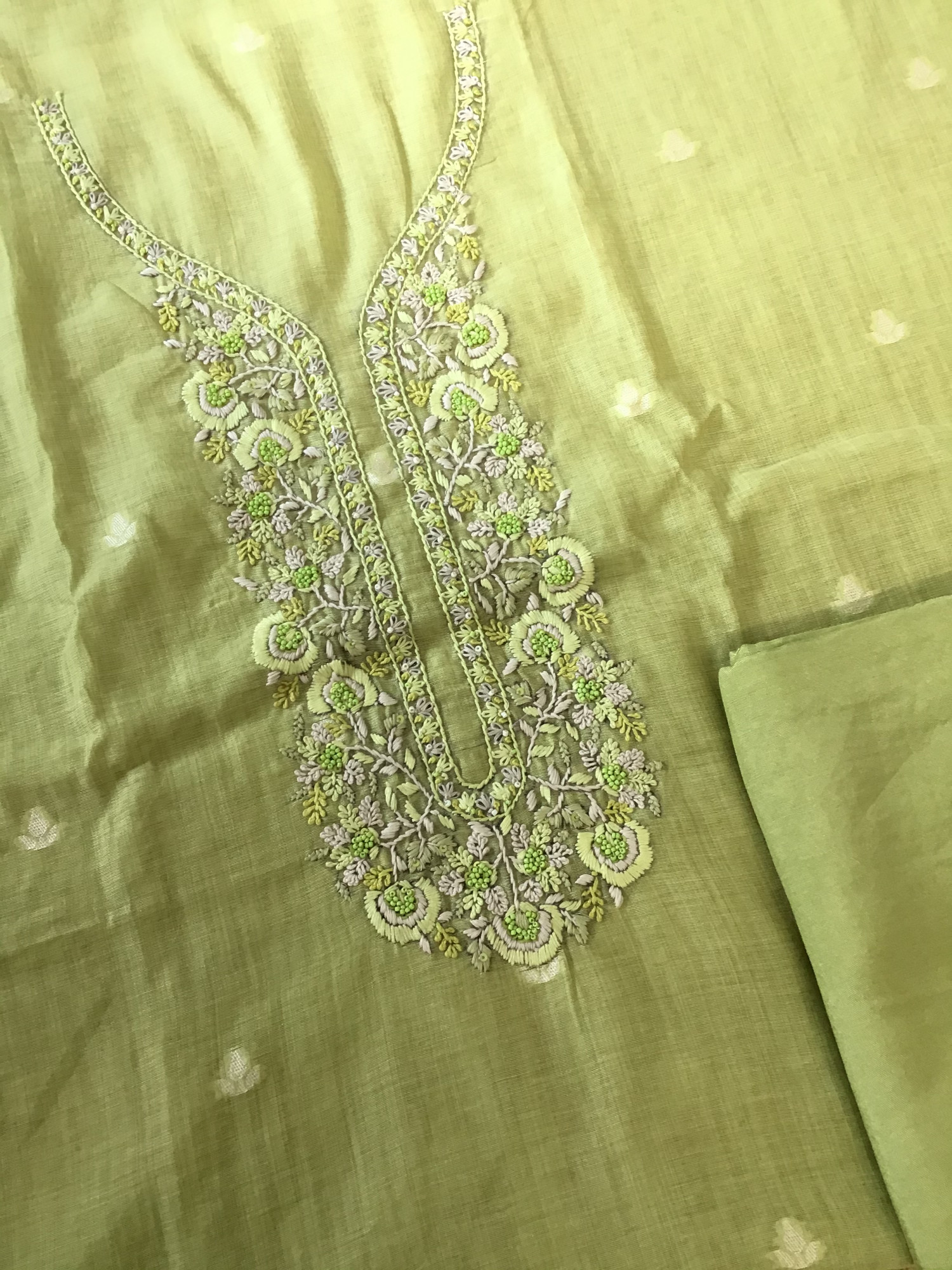 Soft Slub Chanderi Jamdani Weaved Embroidered Suit - Green