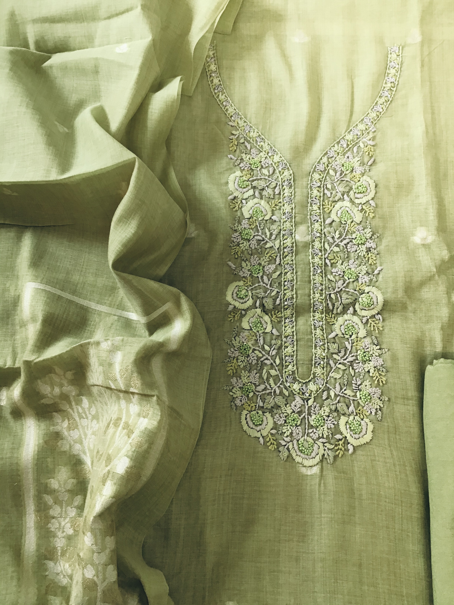 Soft Slub Chanderi Jamdani Weaved Embroidered Suit - Green
