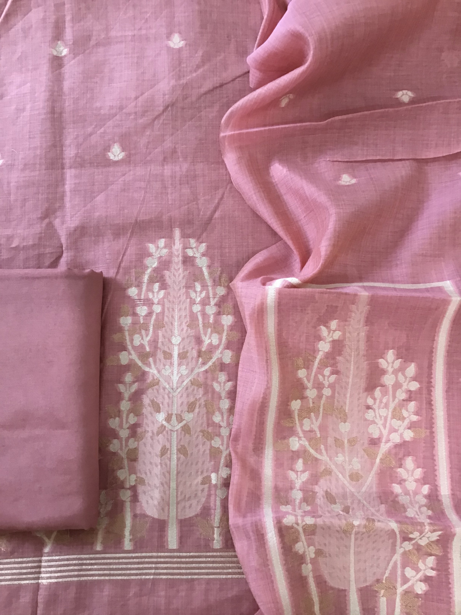 Soft Slub Chanderi Jamdani Weaved Embroidered Suit - Pink