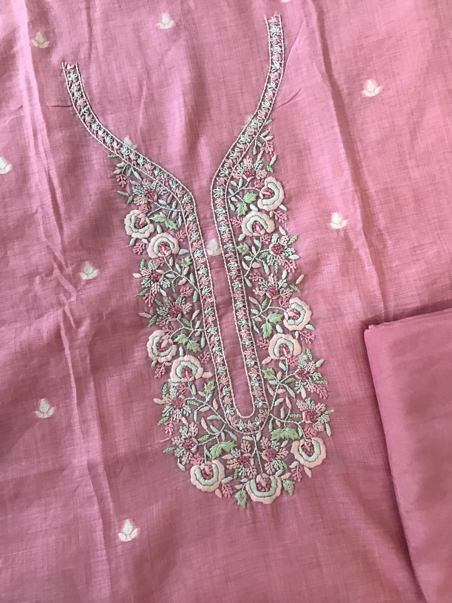 Soft Slub Chanderi Jamdani Weaved Embroidered Suit - Pink