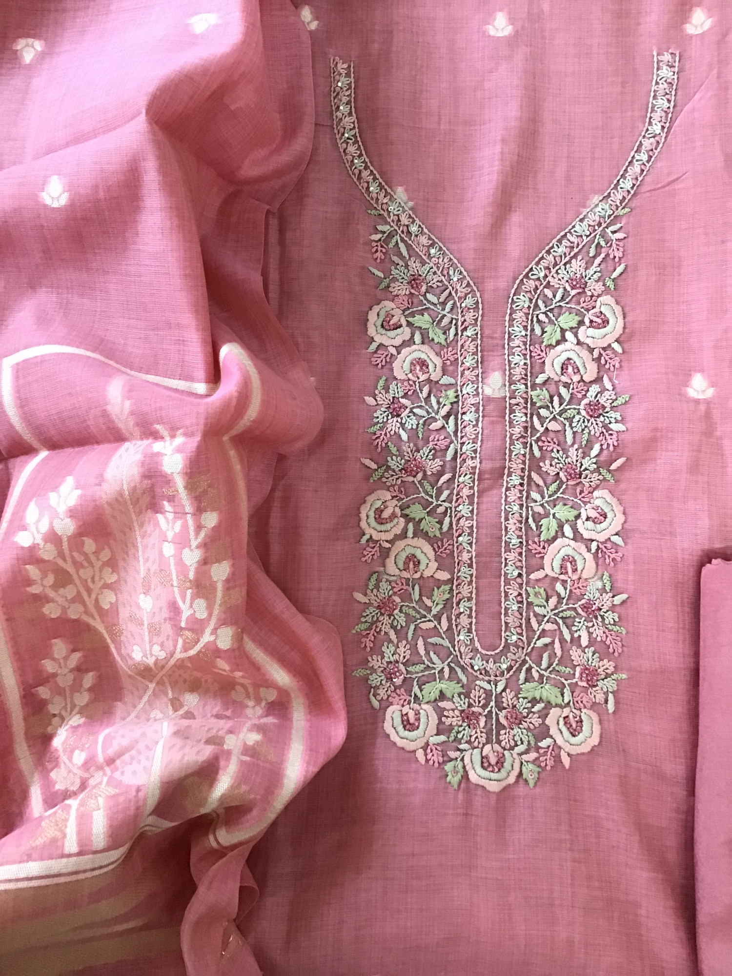 Soft Slub Chanderi Jamdani Weaved Embroidered Suit - Pink
