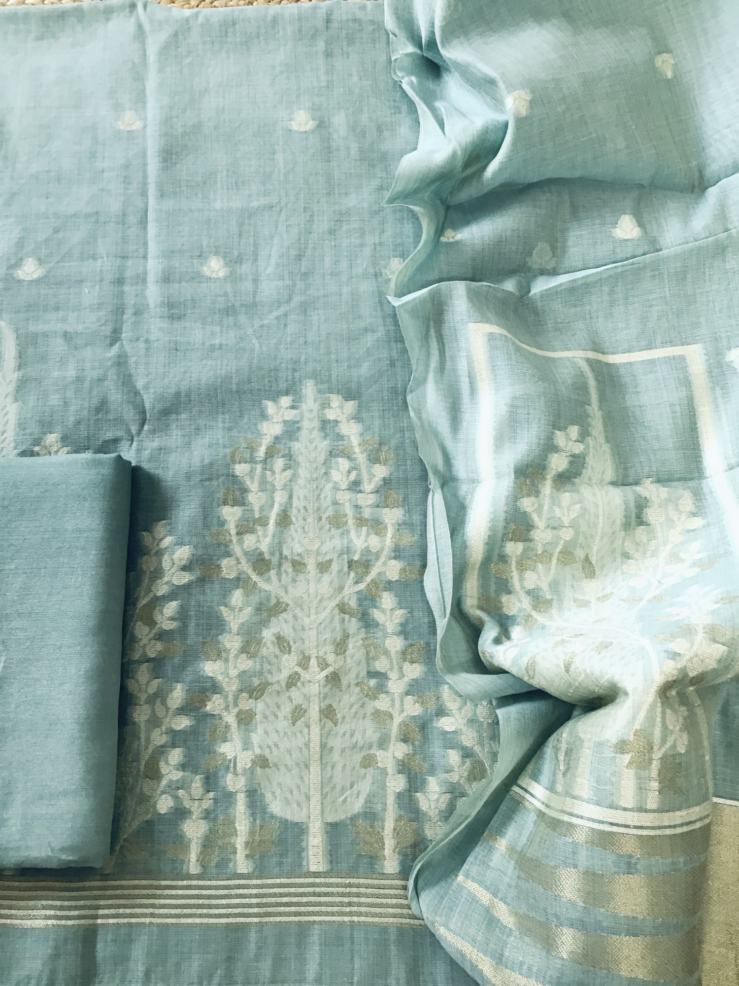 Soft Slub Chanderi Jamdani Weaved Embroidered Suit - Blue