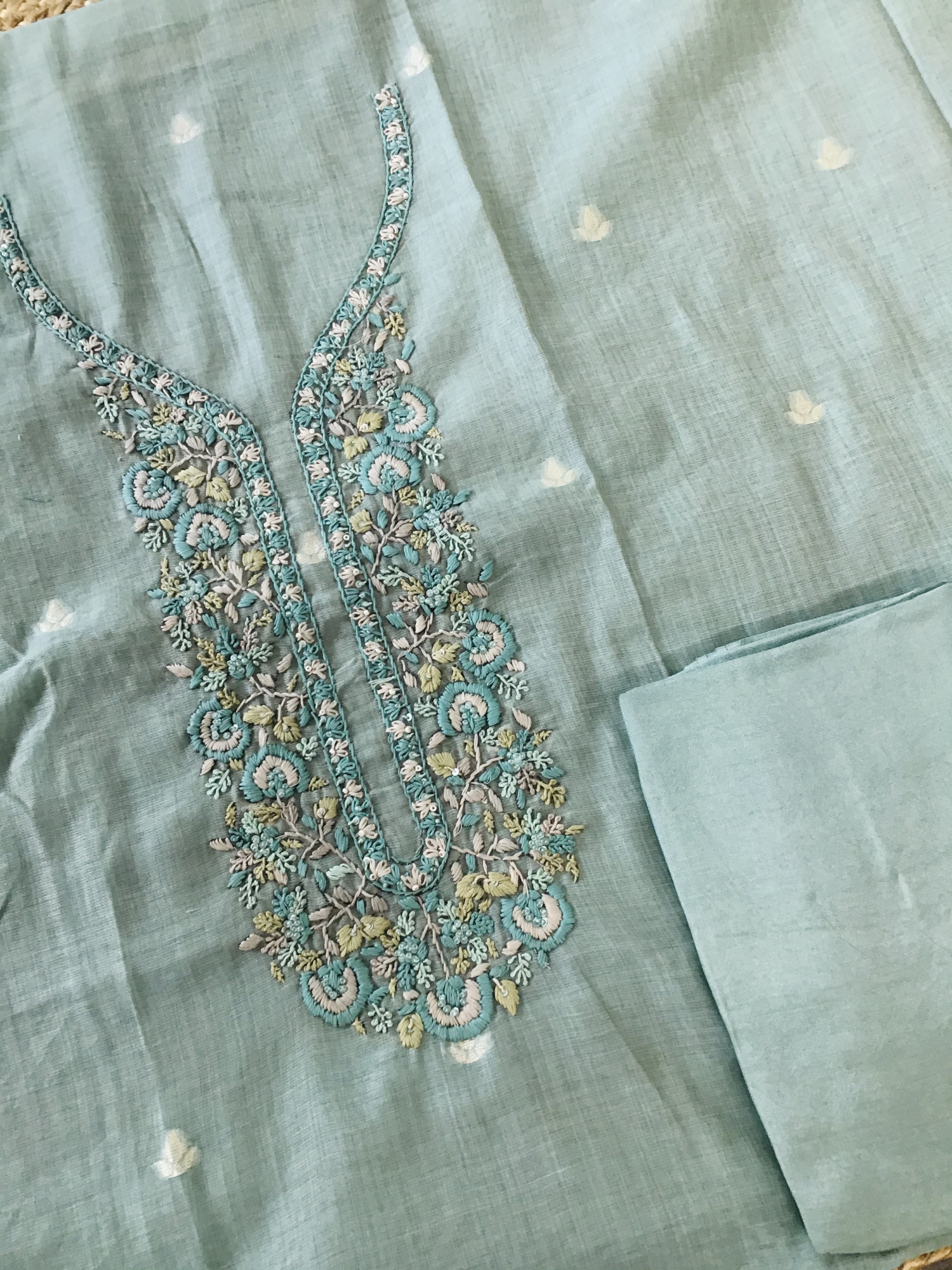 Soft Slub Chanderi Jamdani Weaved Embroidered Suit - Blue