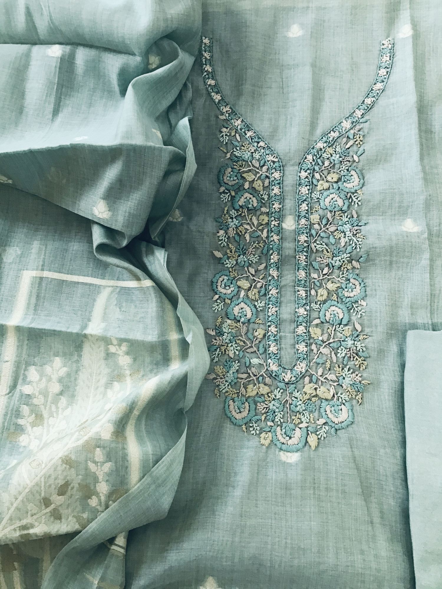 Soft Slub Chanderi Jamdani Weaved Embroidered Suit - Blue