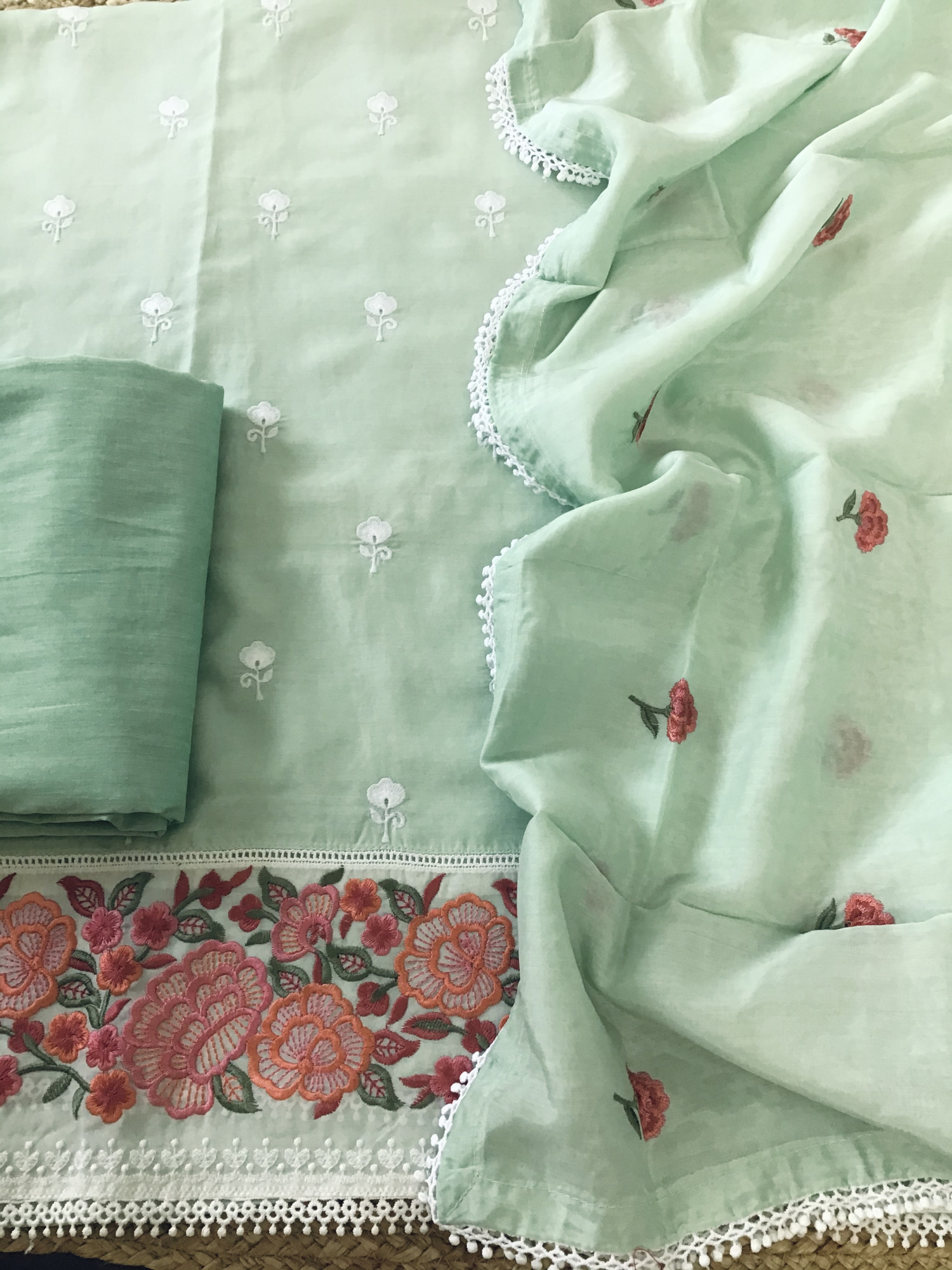 Pure Muslin Embroidered Suit - Green