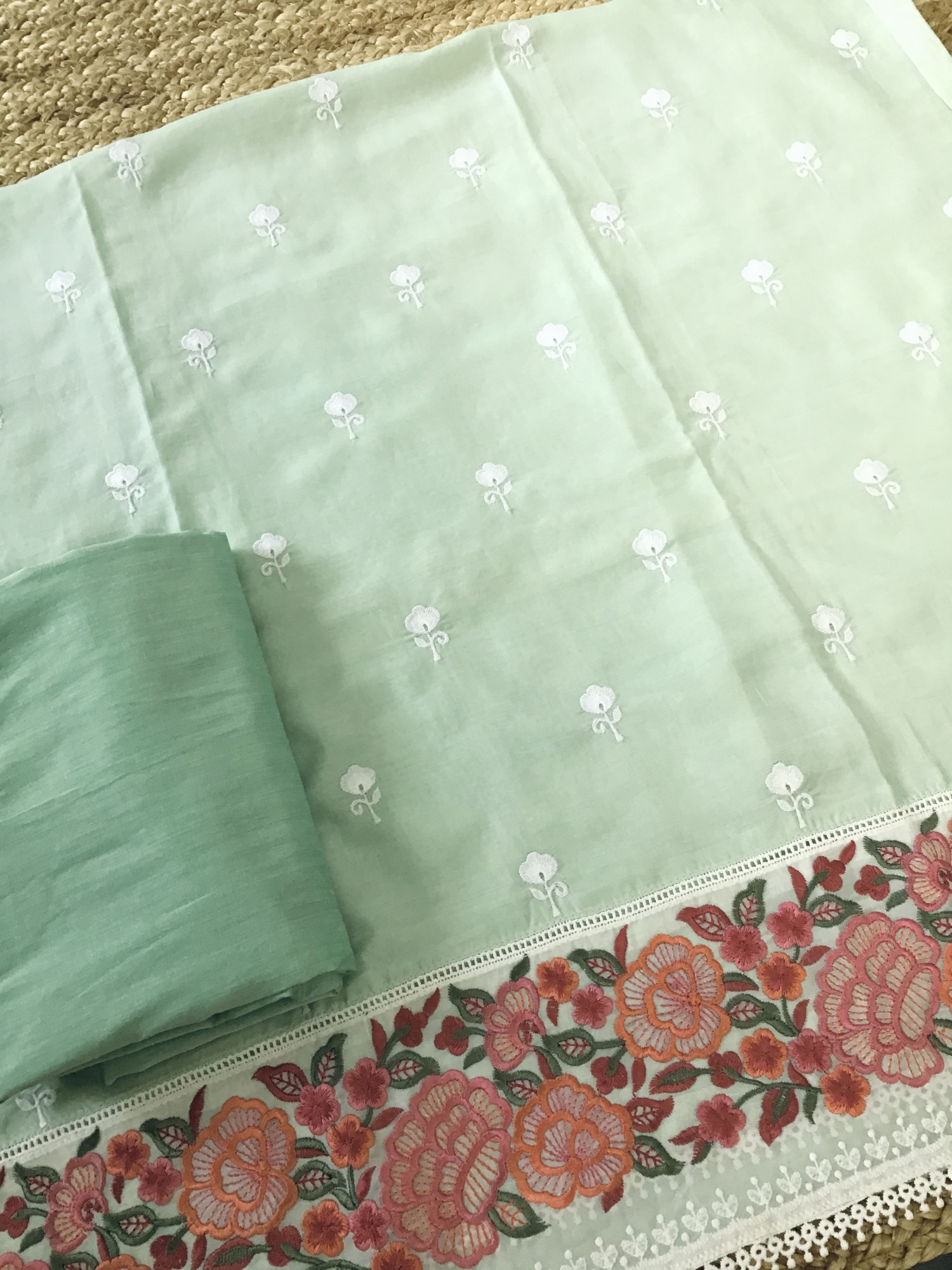 Pure Muslin Embroidered Suit - Green