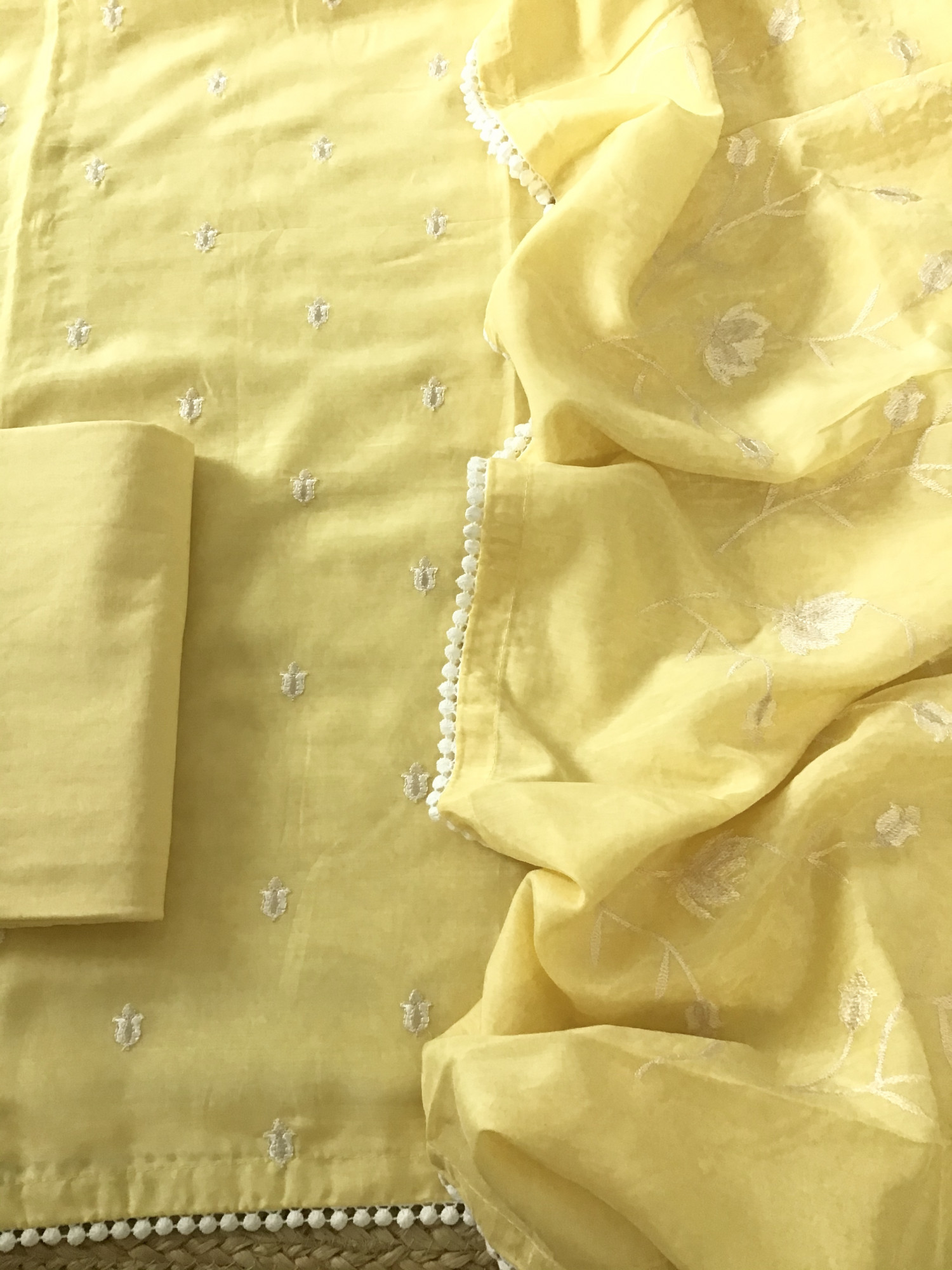 Pure Muslin Embroidered Suit - Yellow